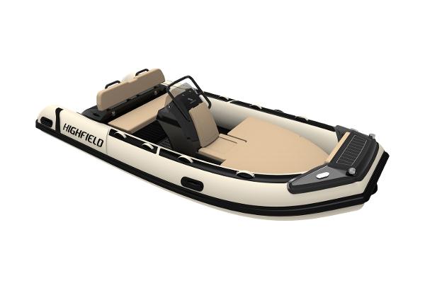 Manufacturer Provided Image: 2025 Highfield Sport 420 inflatable boat, beige and black design, side view.