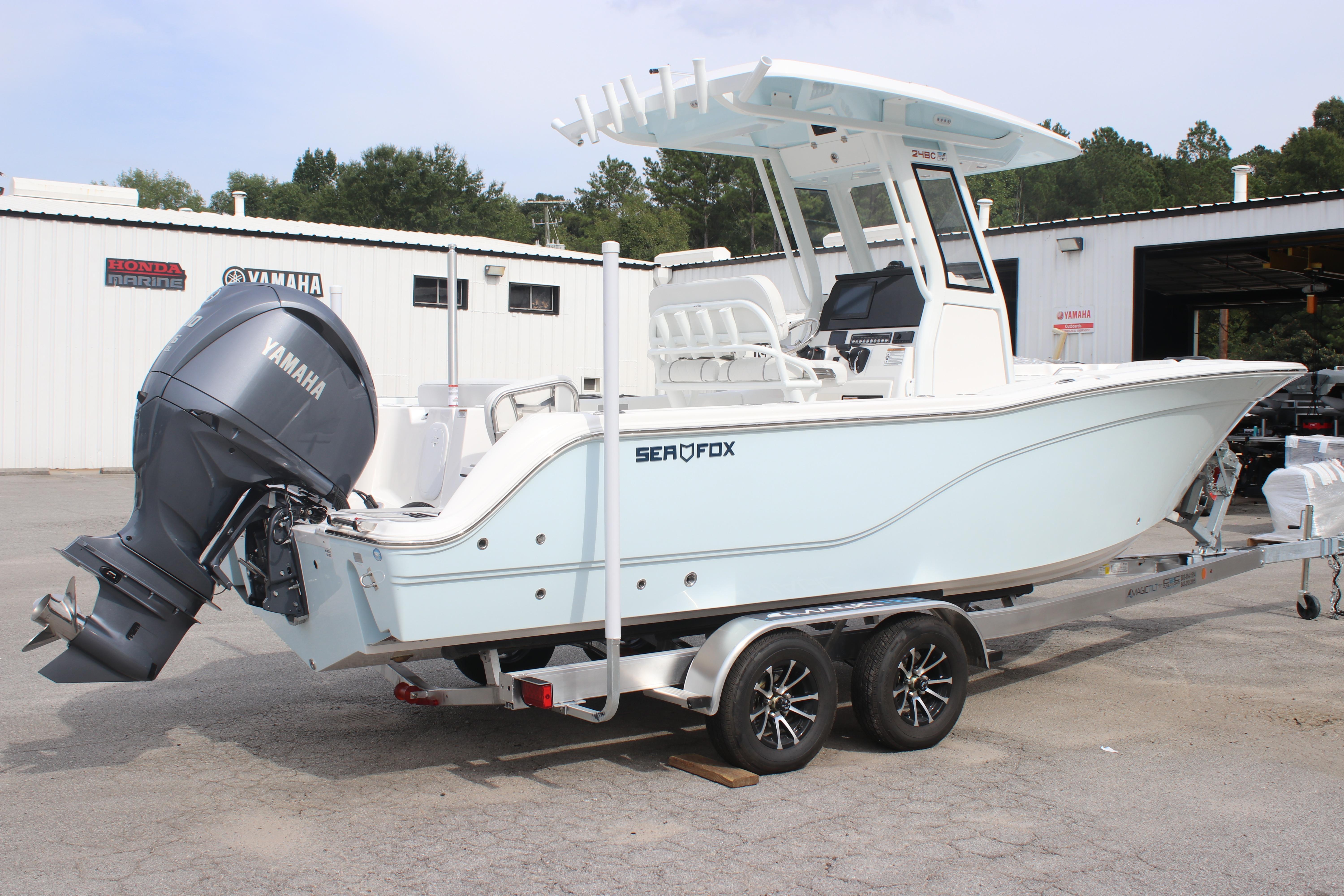 2026 Sea Fox 248 Commander boat on trailer with Yamaha outboard motor.