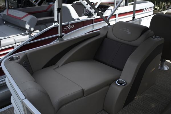 Luxurious seating on a 2023 Bennington 22 SXCW pontoon boat.
