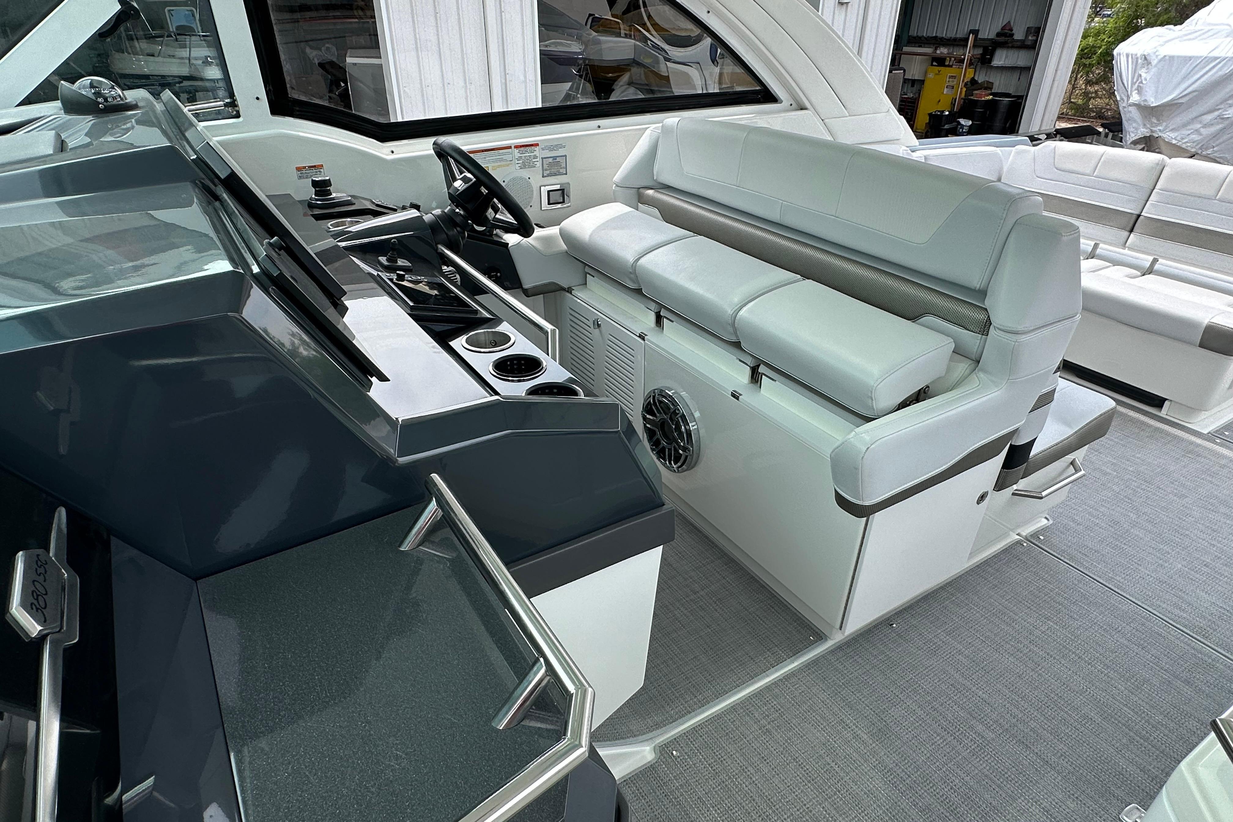 2021 Formula 380 Super Sport Crossover OB interior with sleek helm and luxurious seating.