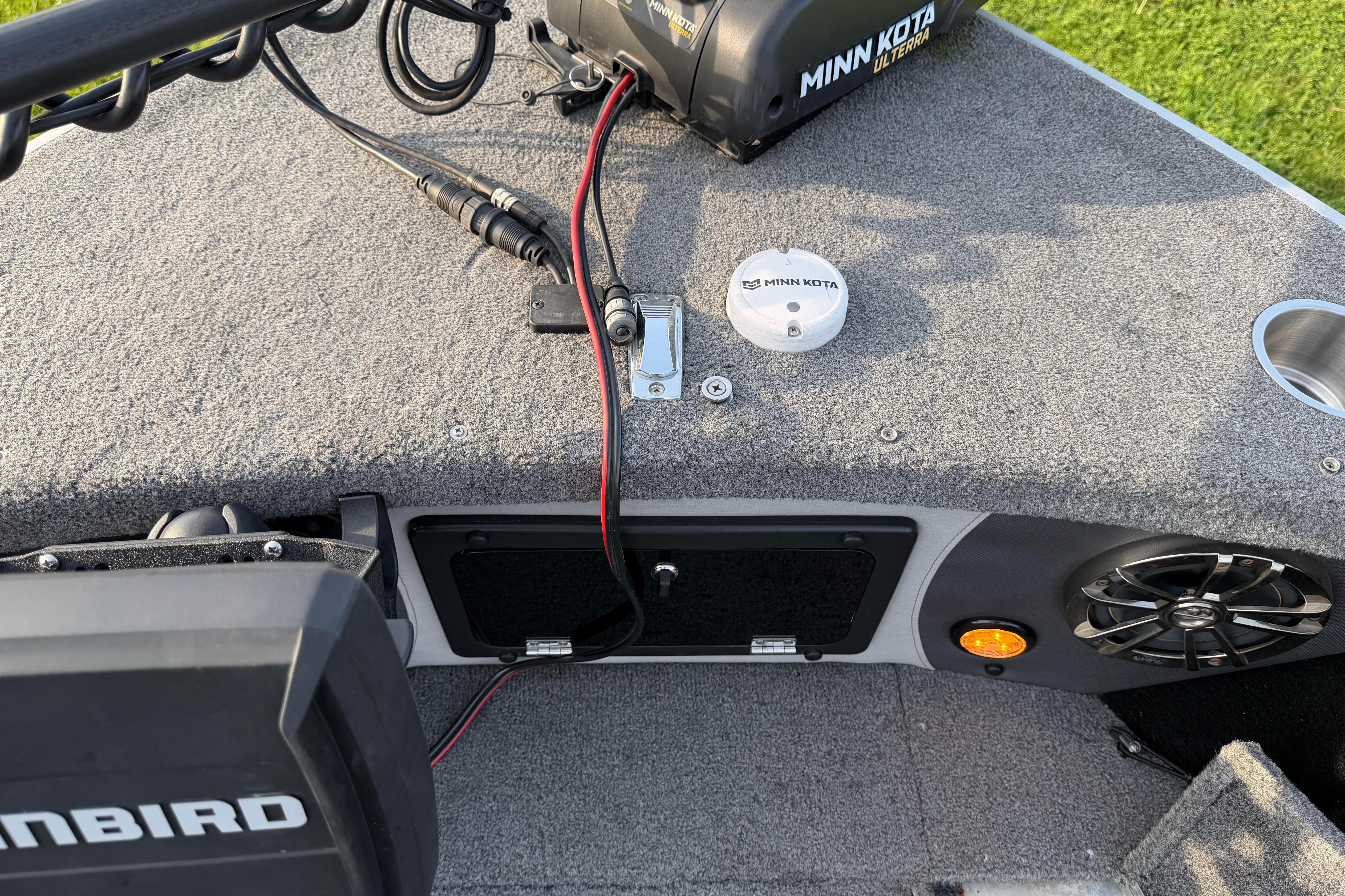 2019 Alumacraft Trophy 205 boat deck with Minn Kota trolling motor and Humminbird electronics.