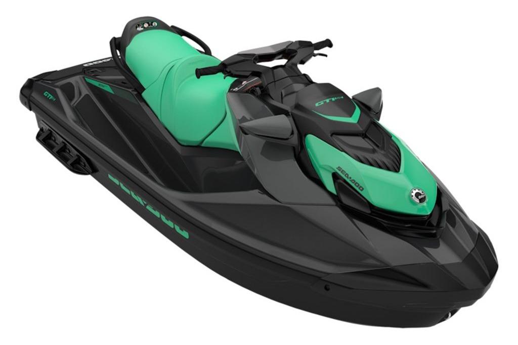 2026 Sea-Doo GTI SE 130 jet ski in black and green, side view.