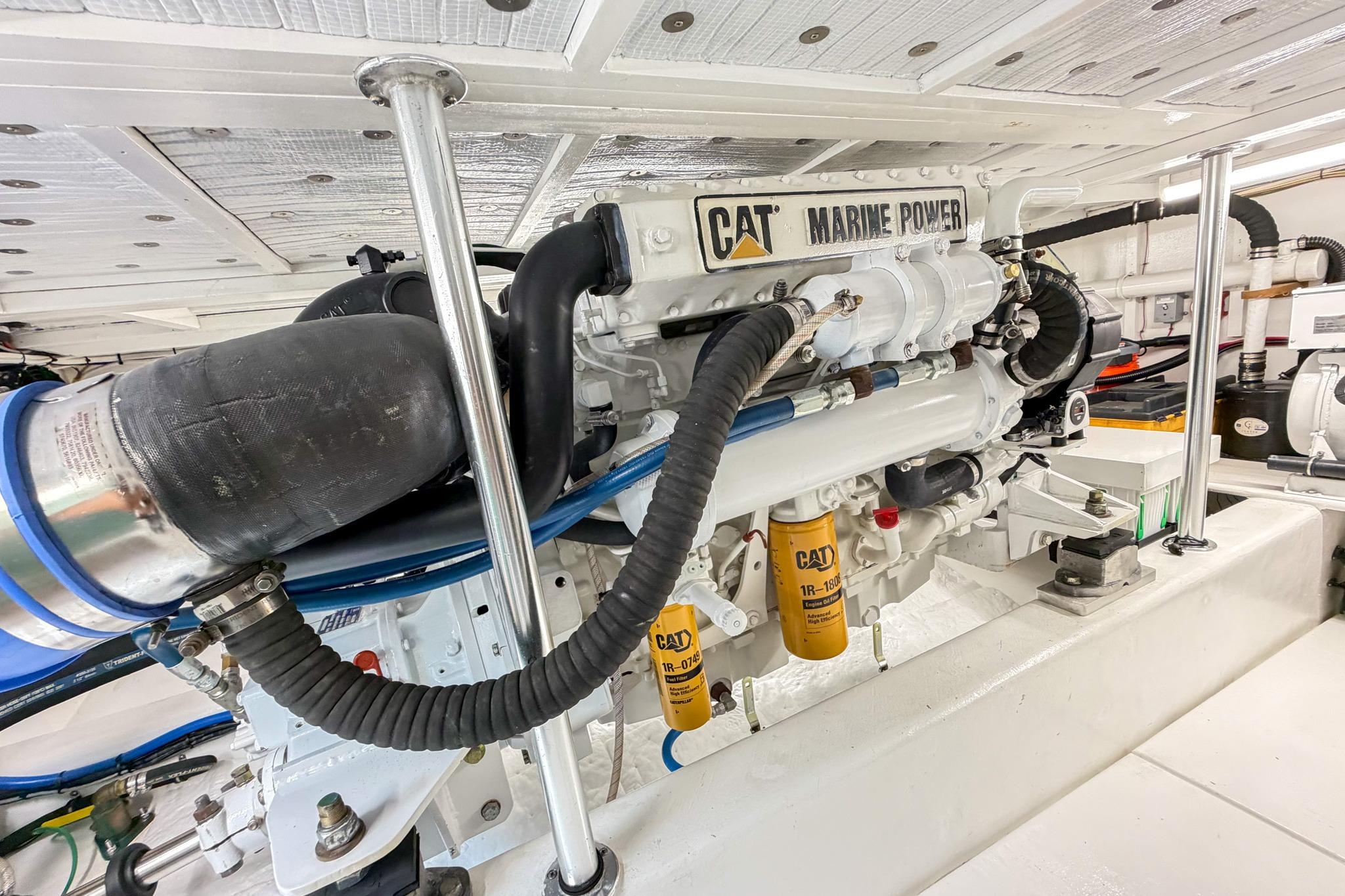 Engine room of 1998 Blackwell Custom Carolina Sportfish with CAT Marine Power engine.