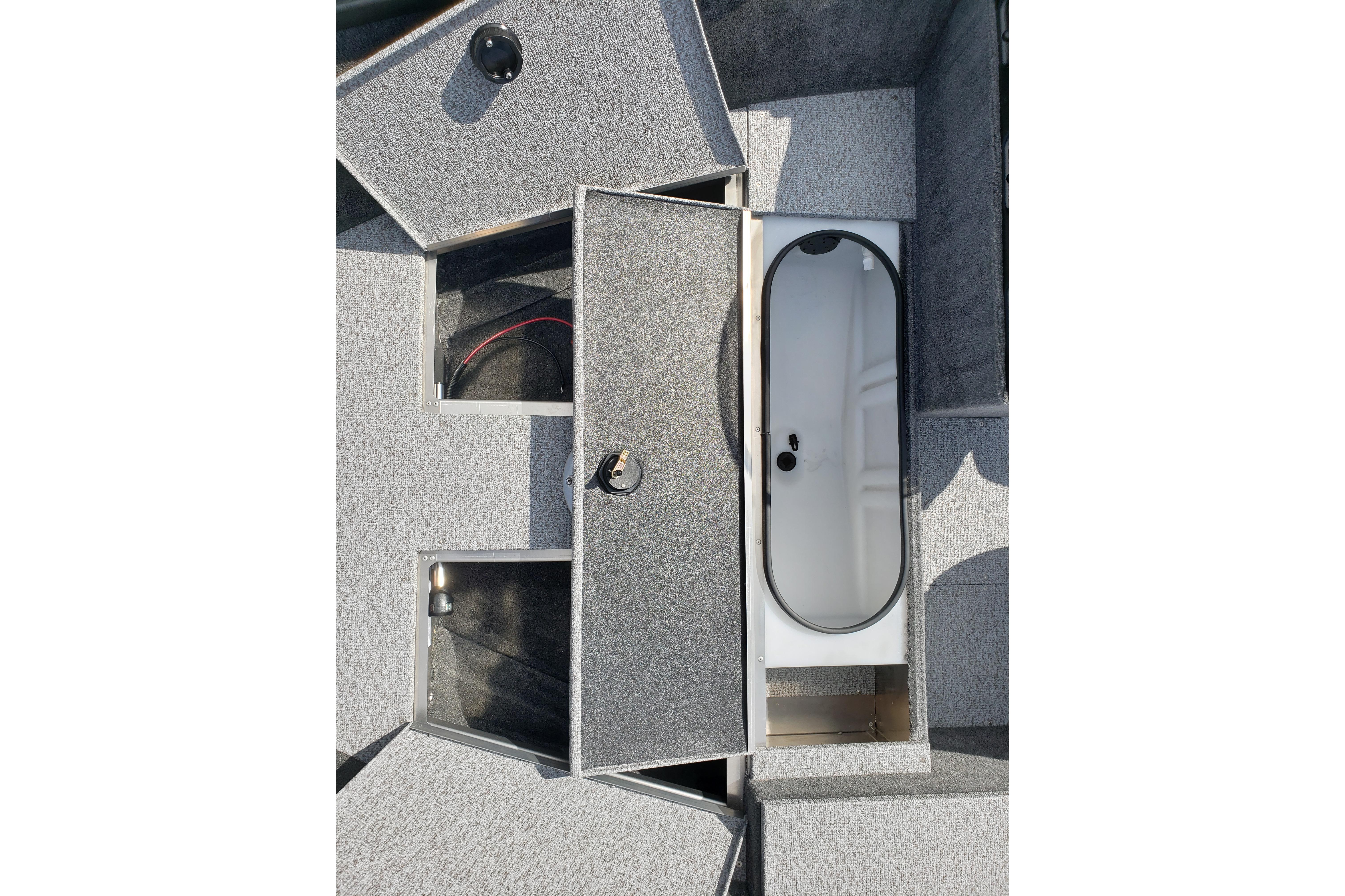 2026 Alumacraft Escape 165 CS boat storage compartments with open hatches and interior view.