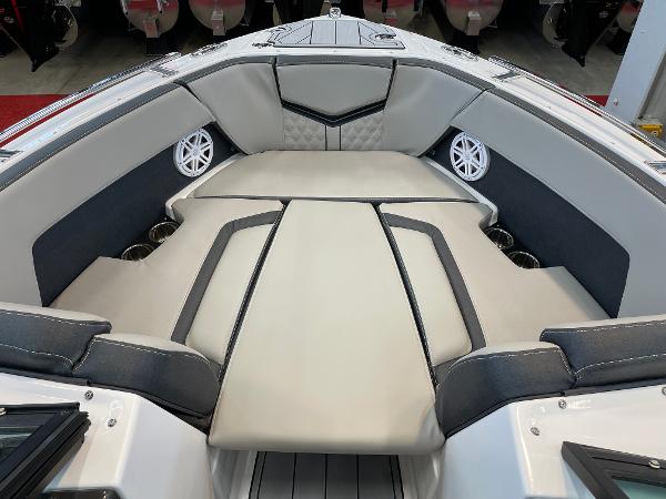 2025 Monterey 218 SS boat interior with cushioned seating and built-in speakers.