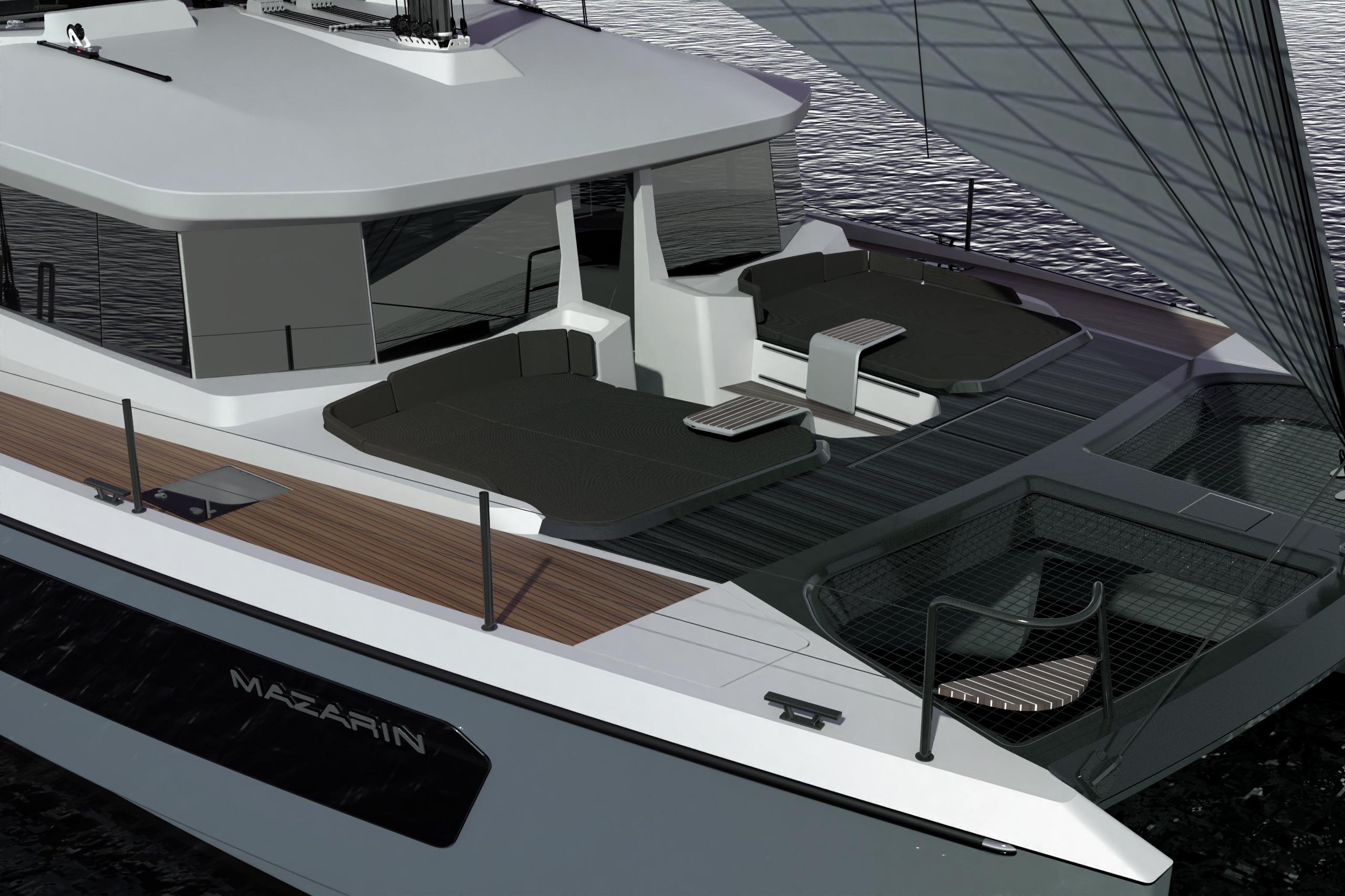 2025 Mazarin 55 Evo II Catamaran sailing on water, showcasing sleek design and spacious deck.