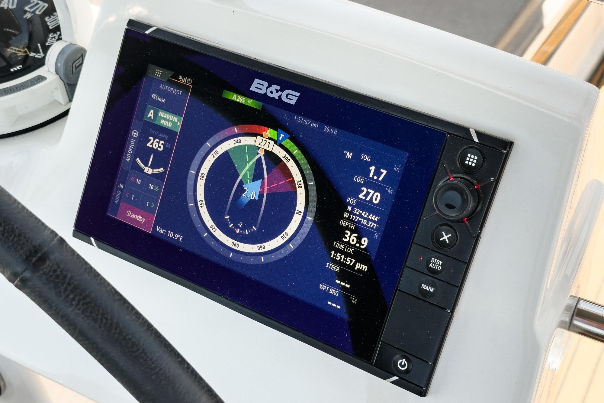 B&G navigation display on 2017 Beneteau Sense 50 yacht, showing heading and speed data.