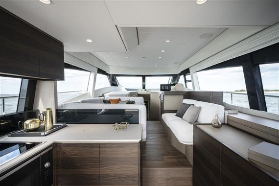 Luxurious interior of 2024 Ferretti Yachts 500, featuring modern design and elegant furnishings.