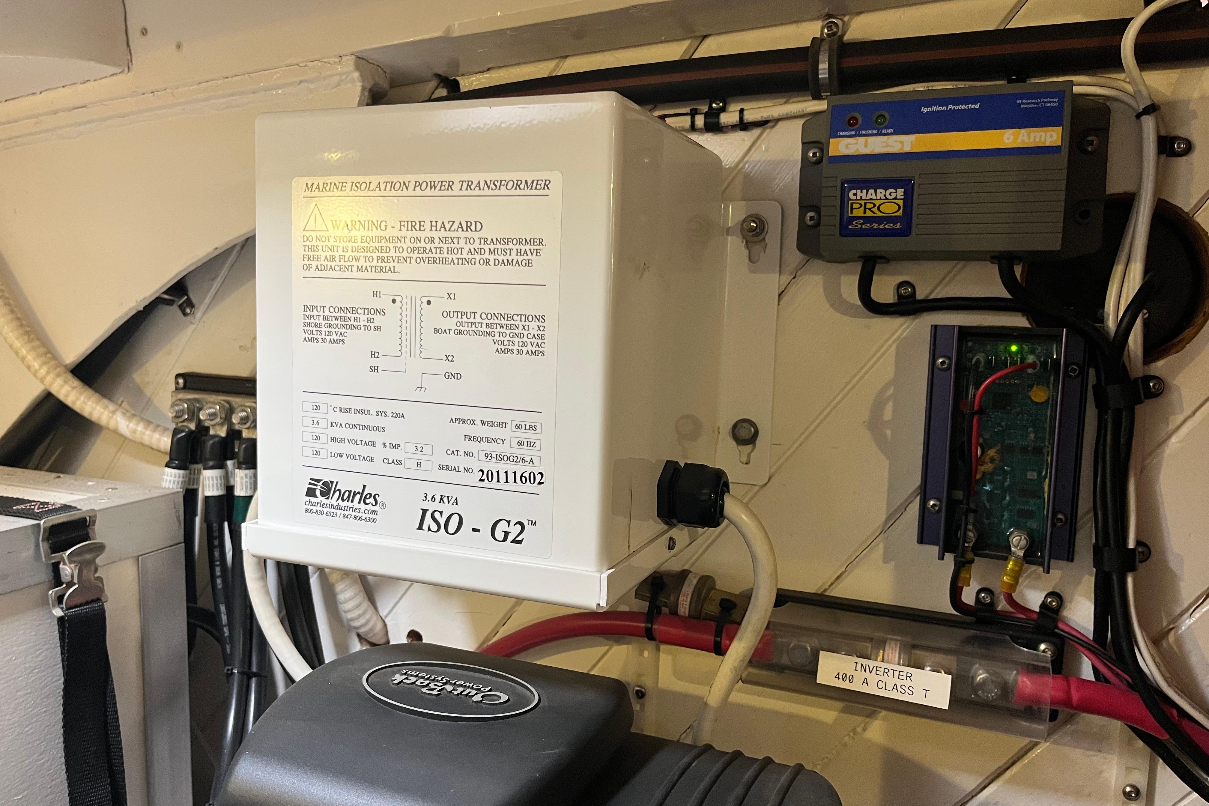Electrical components in a 1947 Murray Peterson Schooner, featuring a marine isolation power transformer.