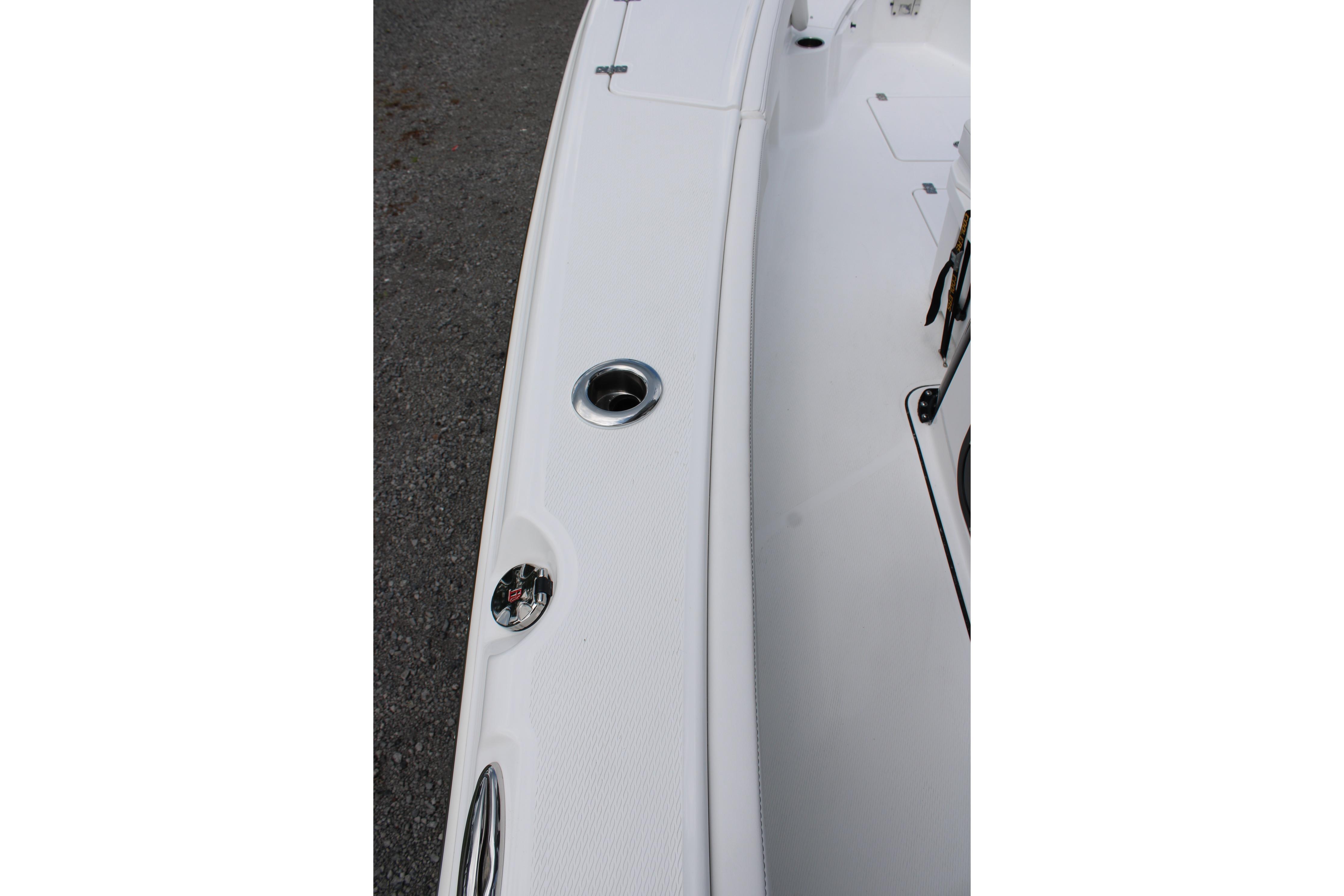 2027 Blazer Bay Makaira 2800 boat deck with sleek white finish and chrome fittings.