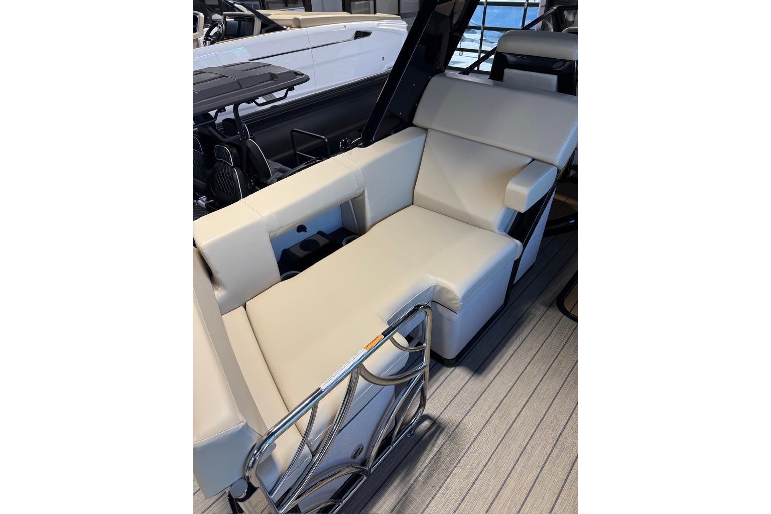 Luxurious seating on the 2026 Balise Halo 26C Twin boat, featuring sleek design and comfort.