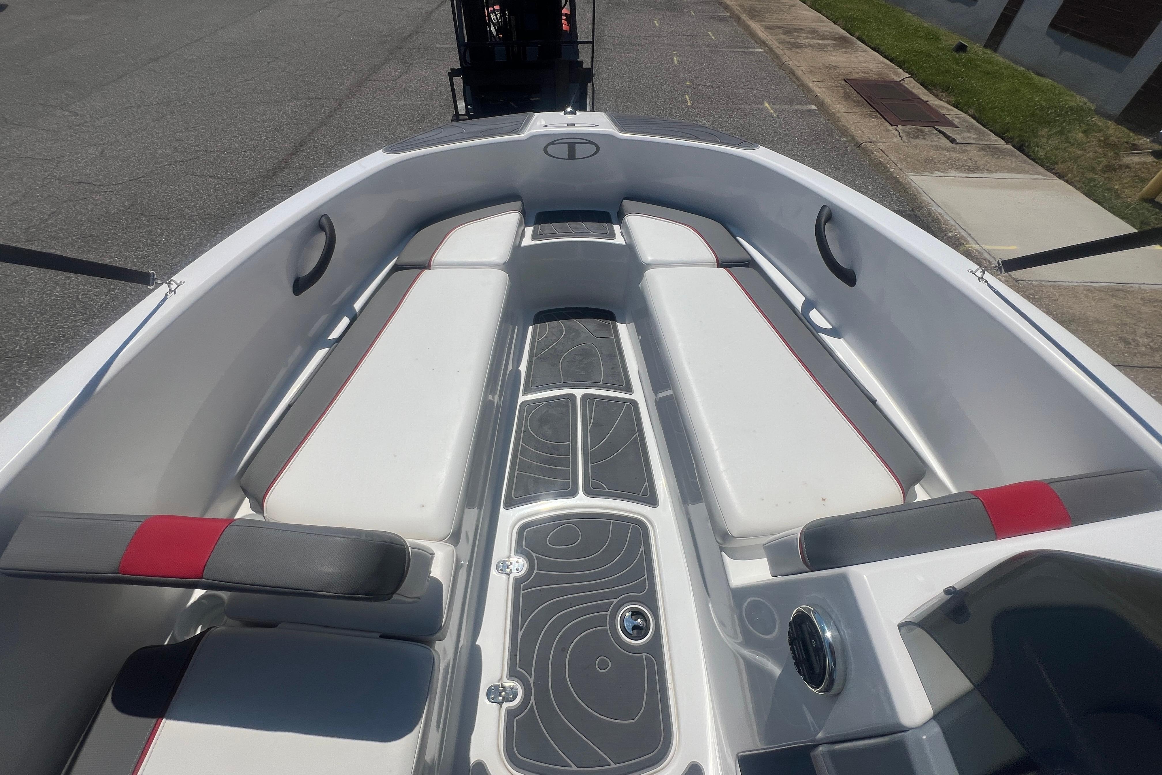 2023 Tahoe T16 boat interior with white seating and modern design accents.