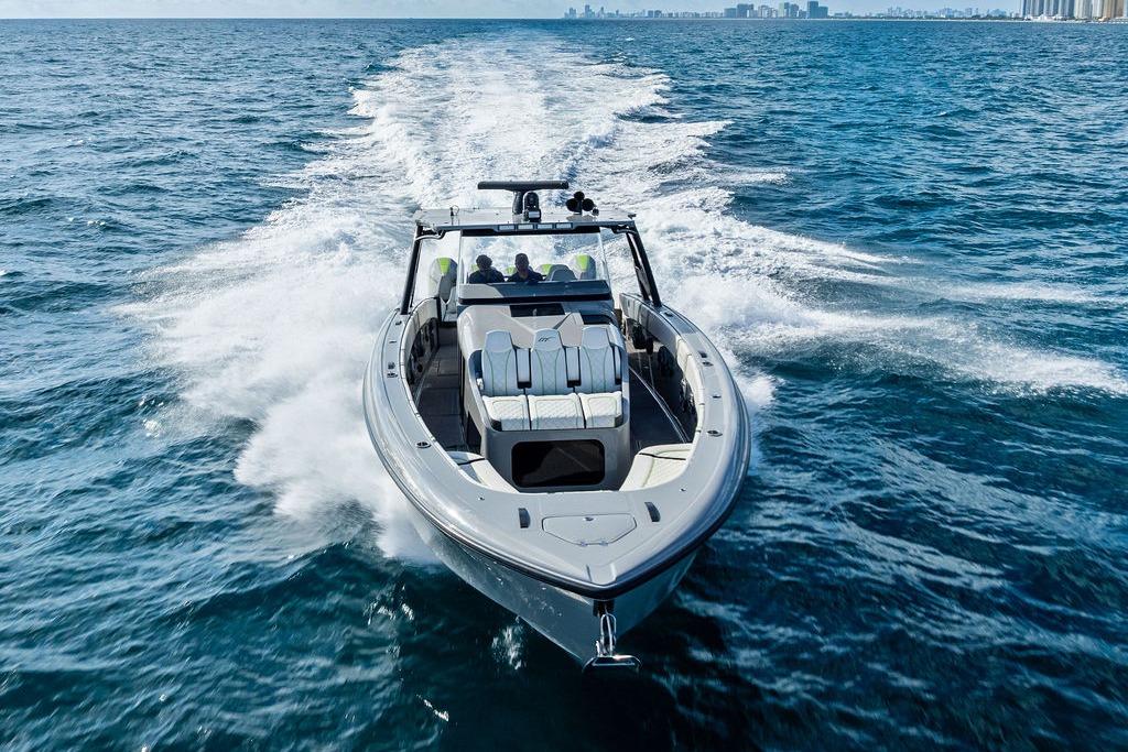 2022 Midnight Express 43' Solstice boat cruising on open water.