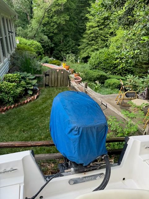 Mako 171 Center Console boat in garden, 2006 model.