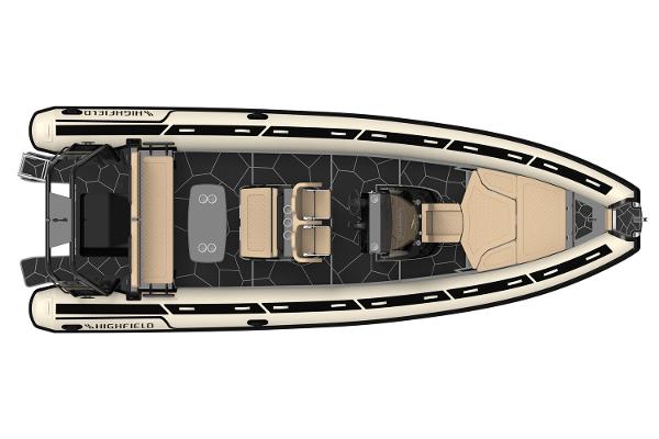 Manufacturer Provided Image: 2025 Highfield Sport 760 boat, top view, sleek design with beige and black accents.