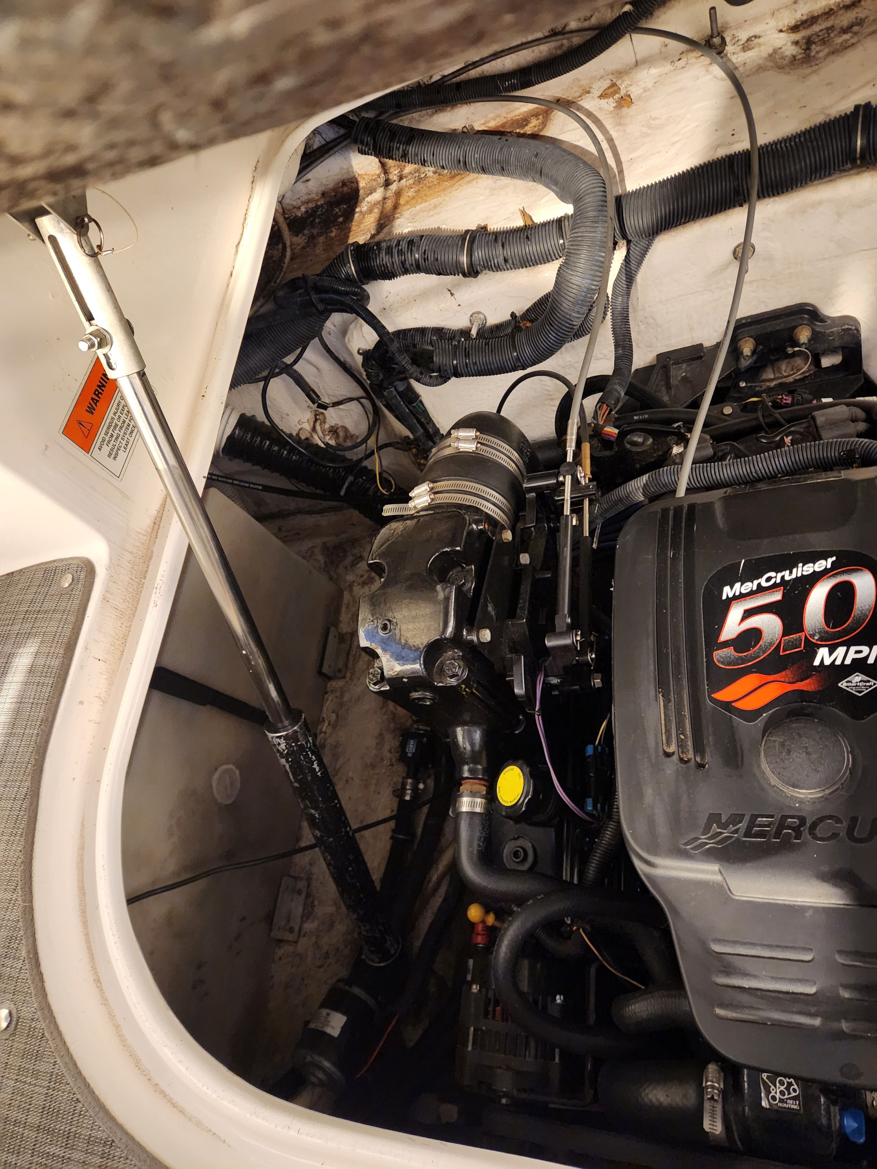 Engine compartment of a 2006 Rinker 250 EC with MerCruiser 5.0 MPI engine.