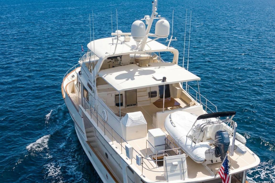 Luxurious 2006 Fleming 75 yacht cruising on open blue sea.