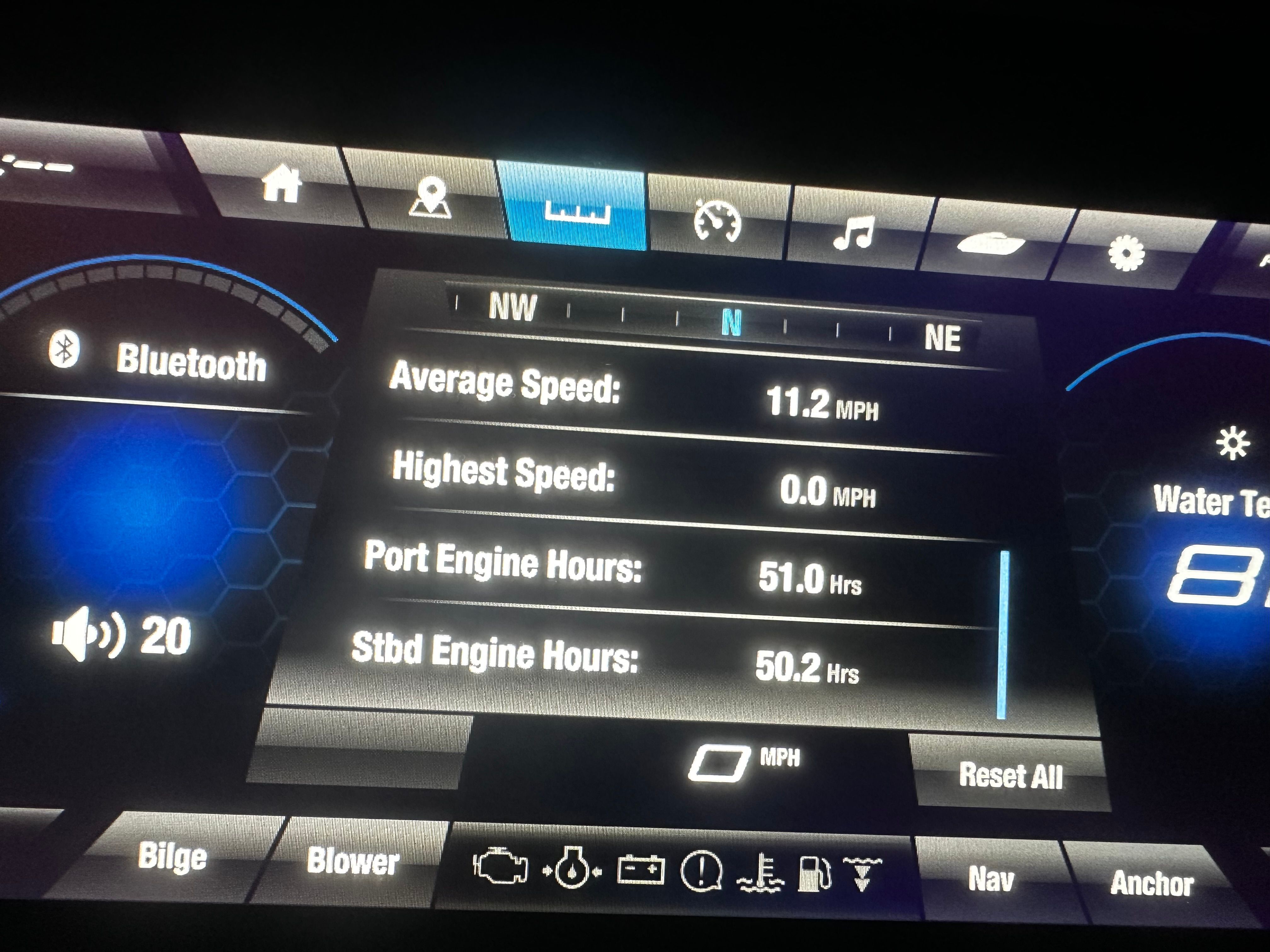Dashboard of 2023 Yamaha Boats 255XD showing speed, engine hours, and Bluetooth connectivity.