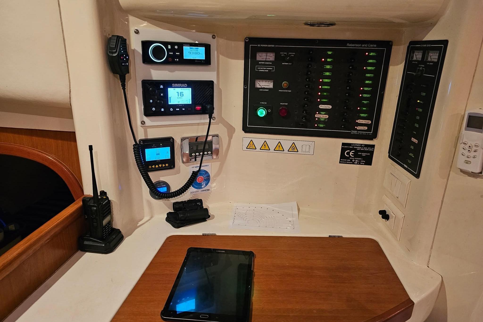 Control panel of a 2007 Leopard 43 yacht with navigation and communication equipment.