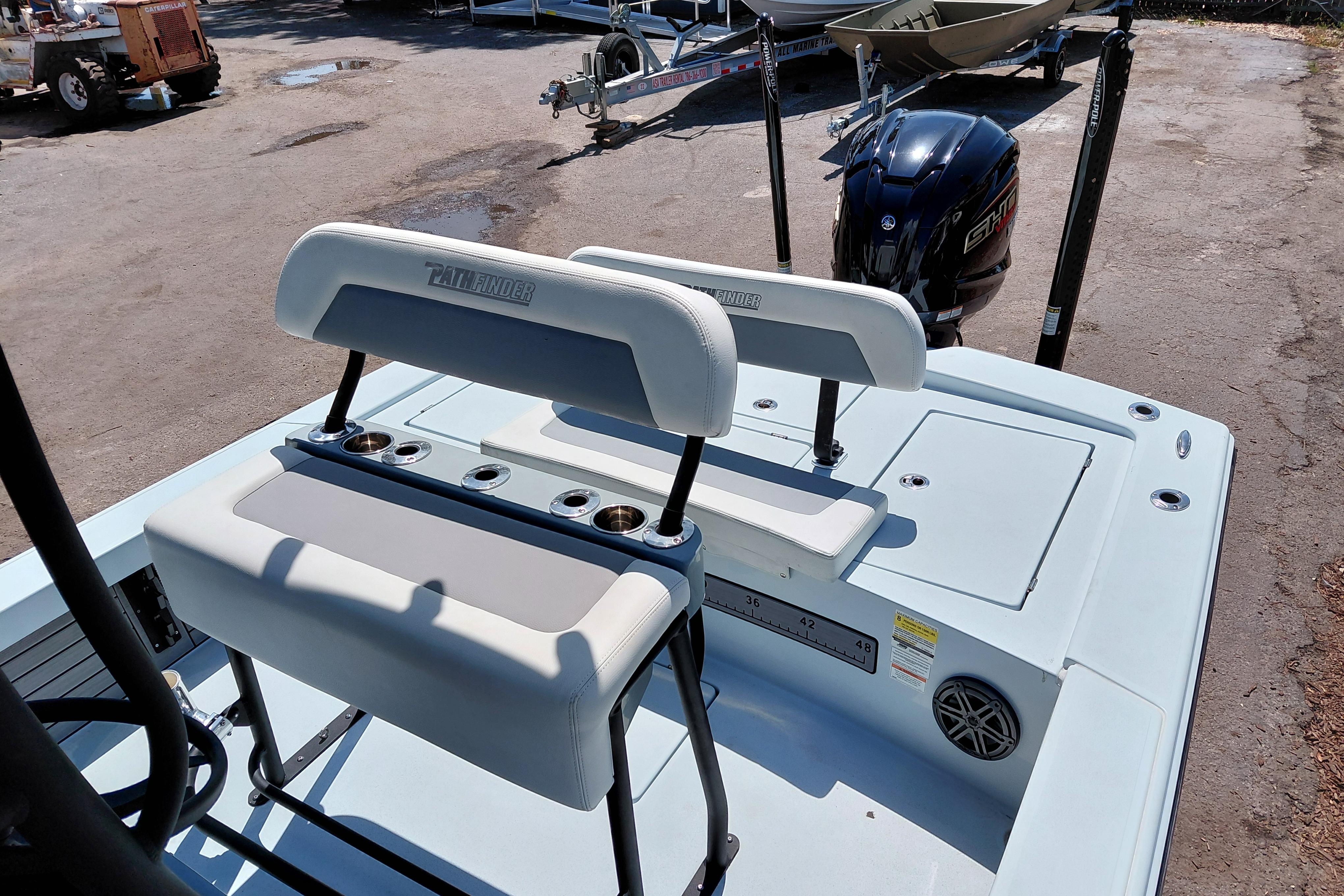 2022 Pathfinder 2300 HPS boat with seating and motor, parked outdoors.
