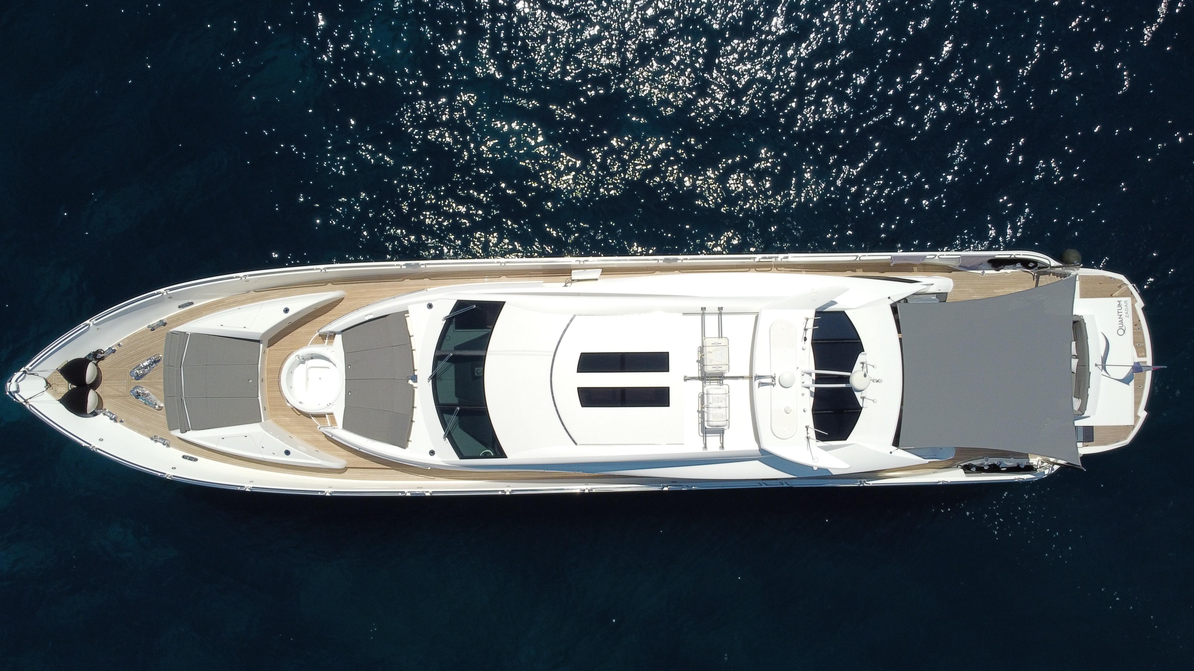 Aerial view of 2008 Sunseeker Predator 108 yacht on open water.