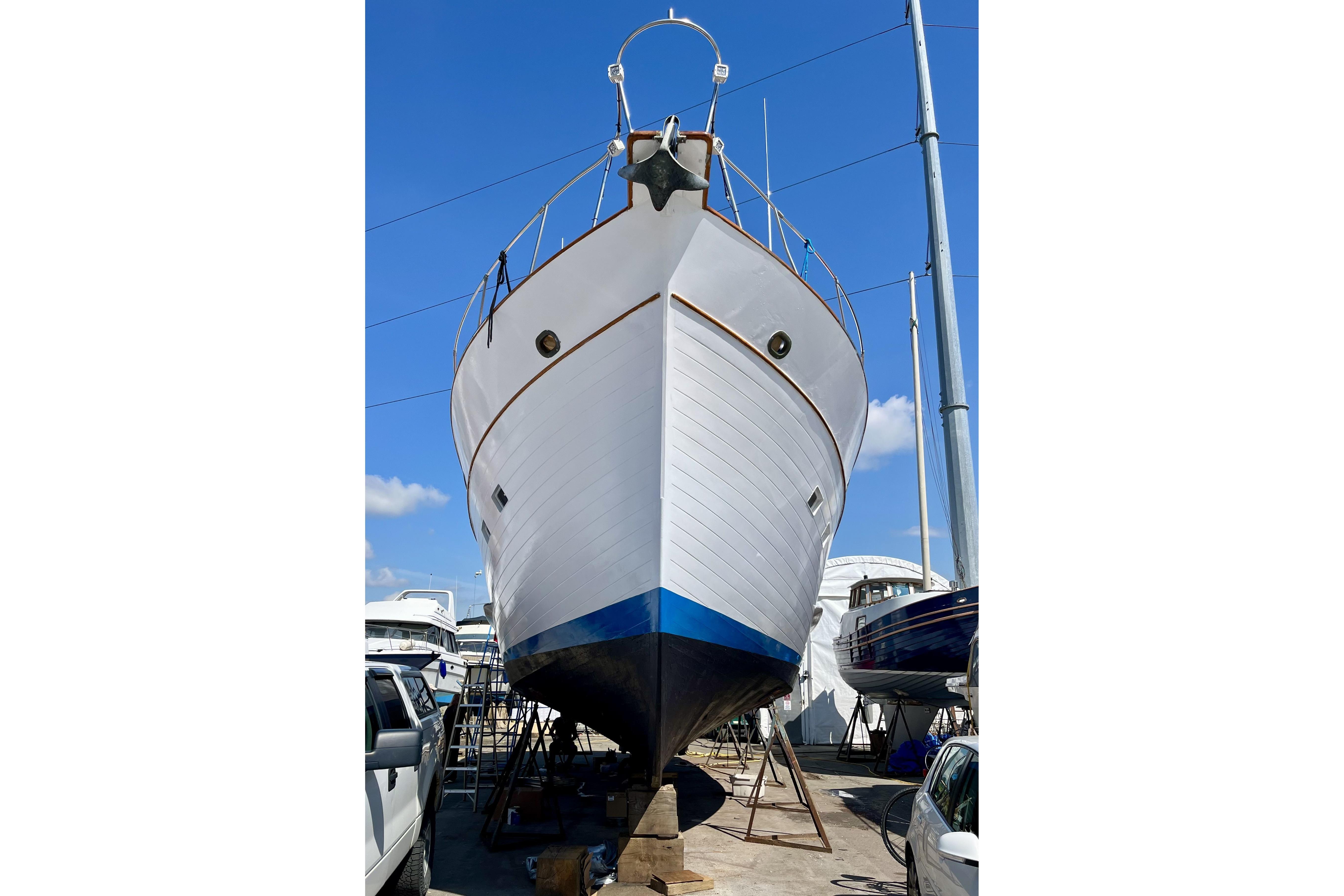 1973 Grand Banks 49 Alaskan yacht on dry dock, viewed from the bow.