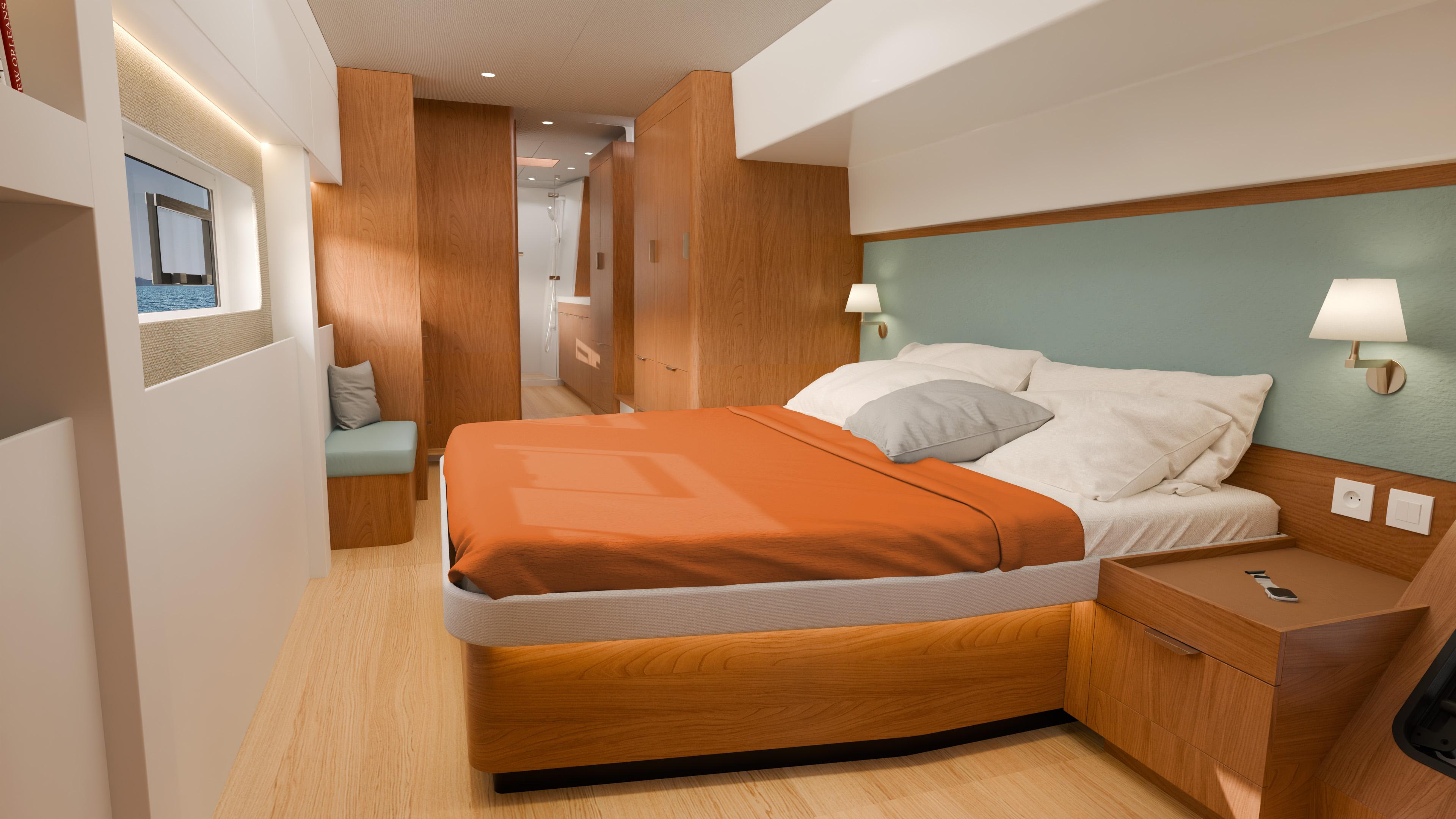 Luxurious bedroom interior of Bali 5.2 yacht, 2026 model, featuring modern design and cozy ambiance.