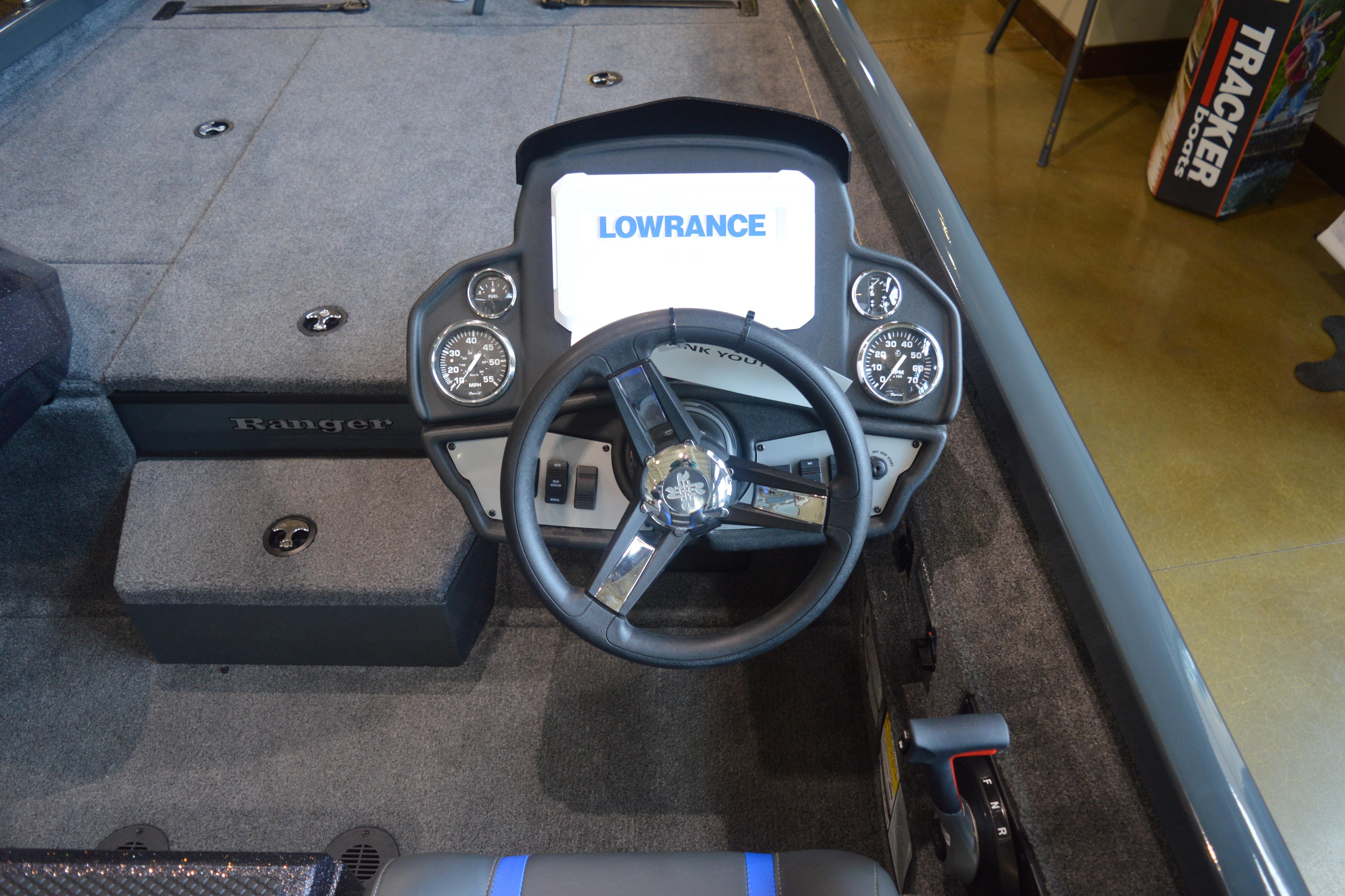 2026 Ranger RT188P boat dashboard with Lowrance display and steering wheel.