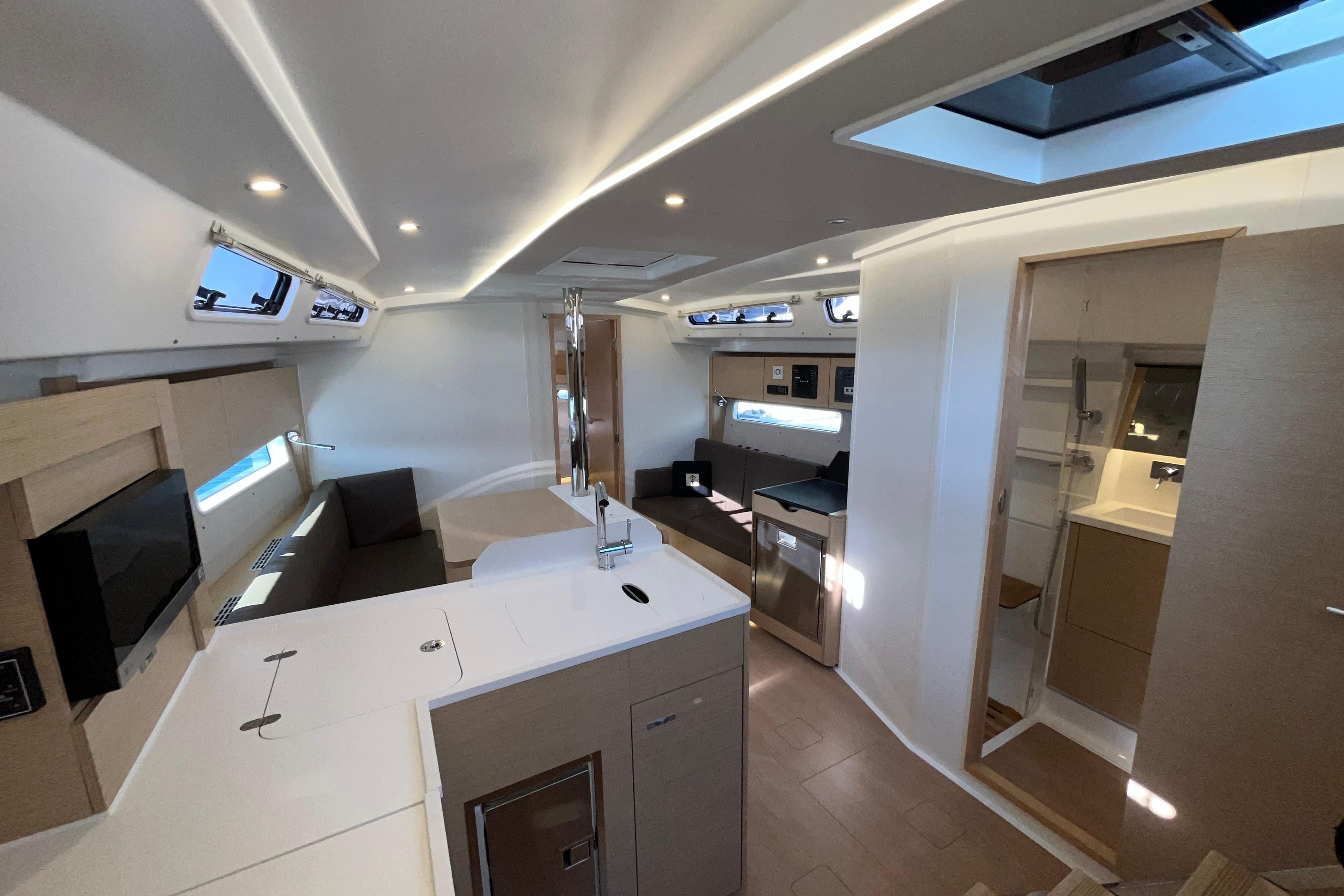 Modern interior of 2025 Hanse 360 yacht, featuring sleek design and spacious layout.