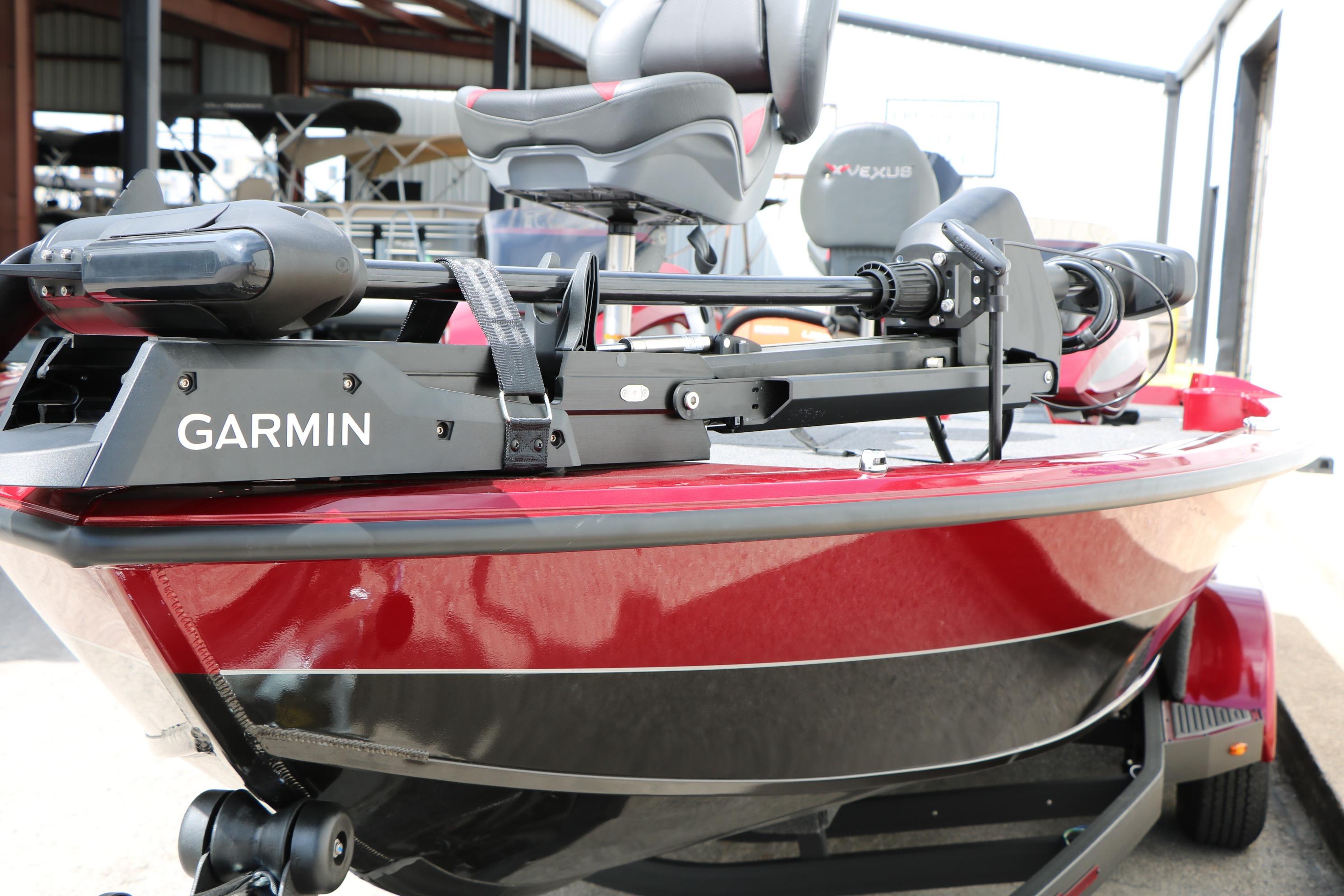 2026 Vexus AVX 1985s boat with Garmin equipment, red and black design.