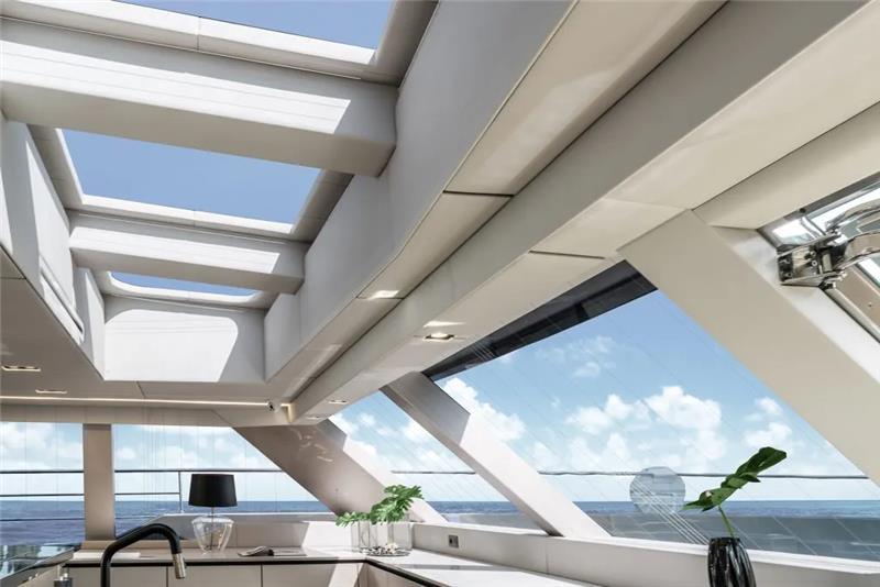 Interior of 2026 Sunreef 80 Sunreef Power yacht with skylights and ocean view.