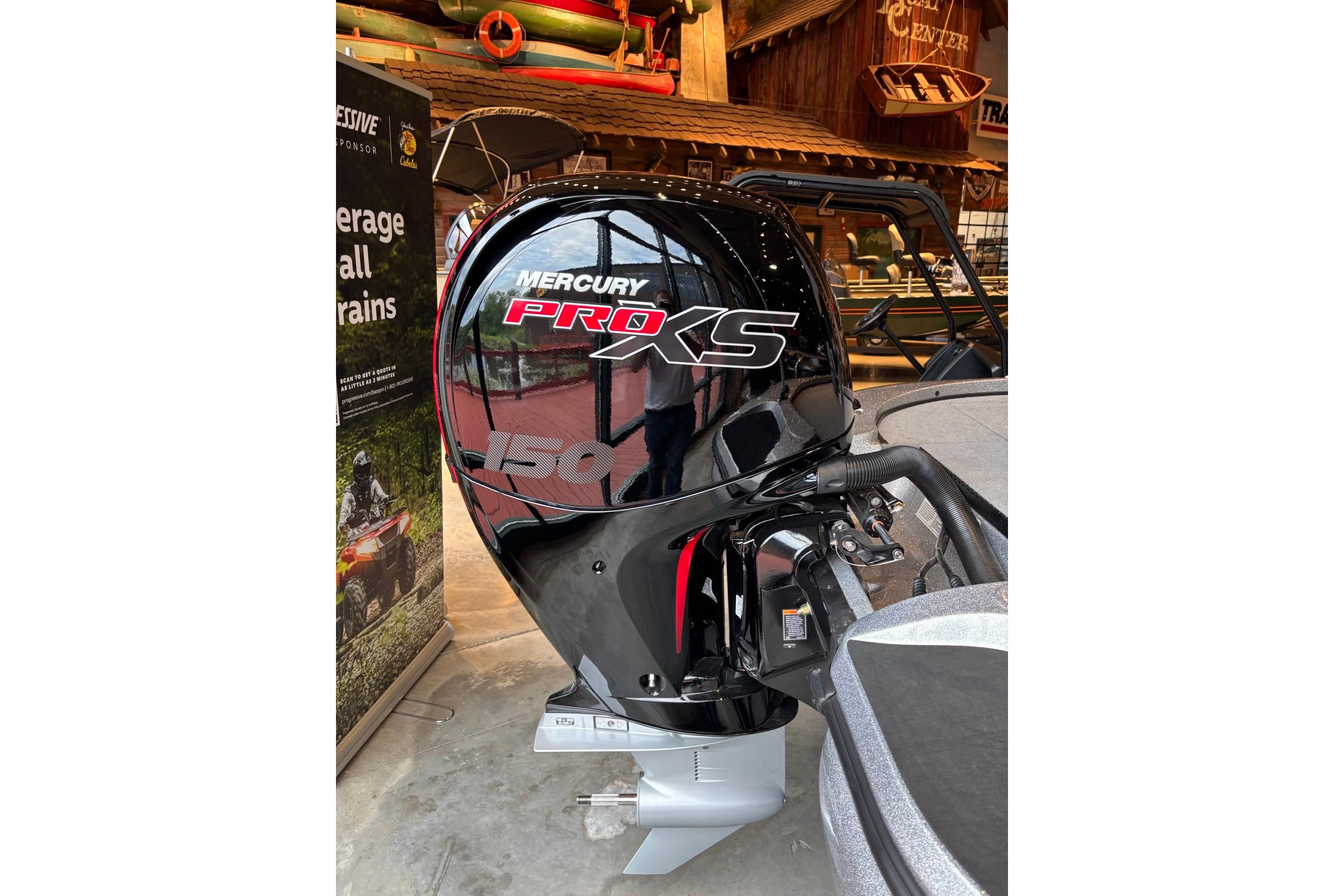 Outboard motor on a 2025 Nitro Z18 boat, featuring Mercury Pro XS branding.