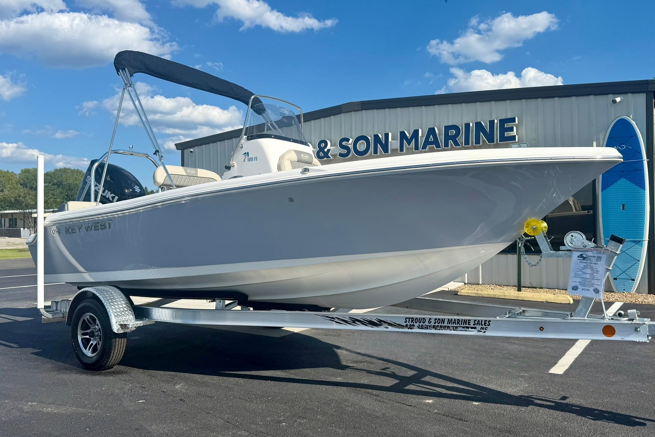 2026 Key West 189 FS boat on trailer at marine dealership.