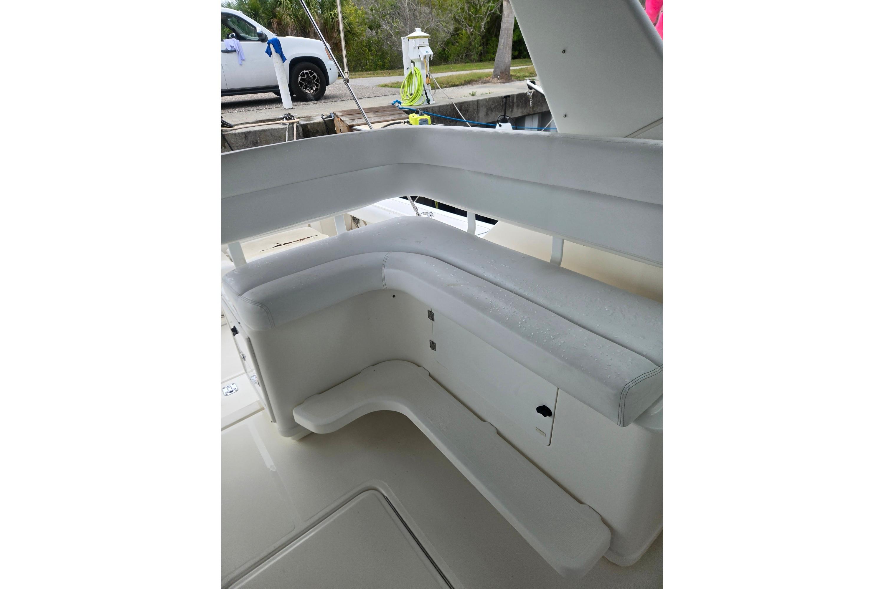 2002 Tiara Yachts 3500 Open boat interior with white cushioned seating.