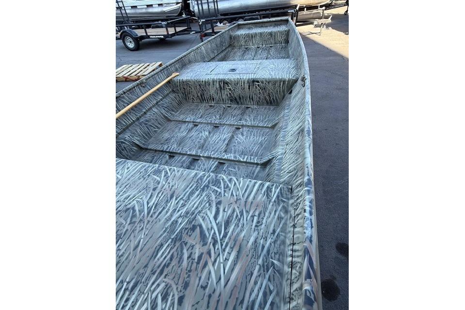 2026 Tracker Grizzly 15 Jon boat with camouflage interior design.