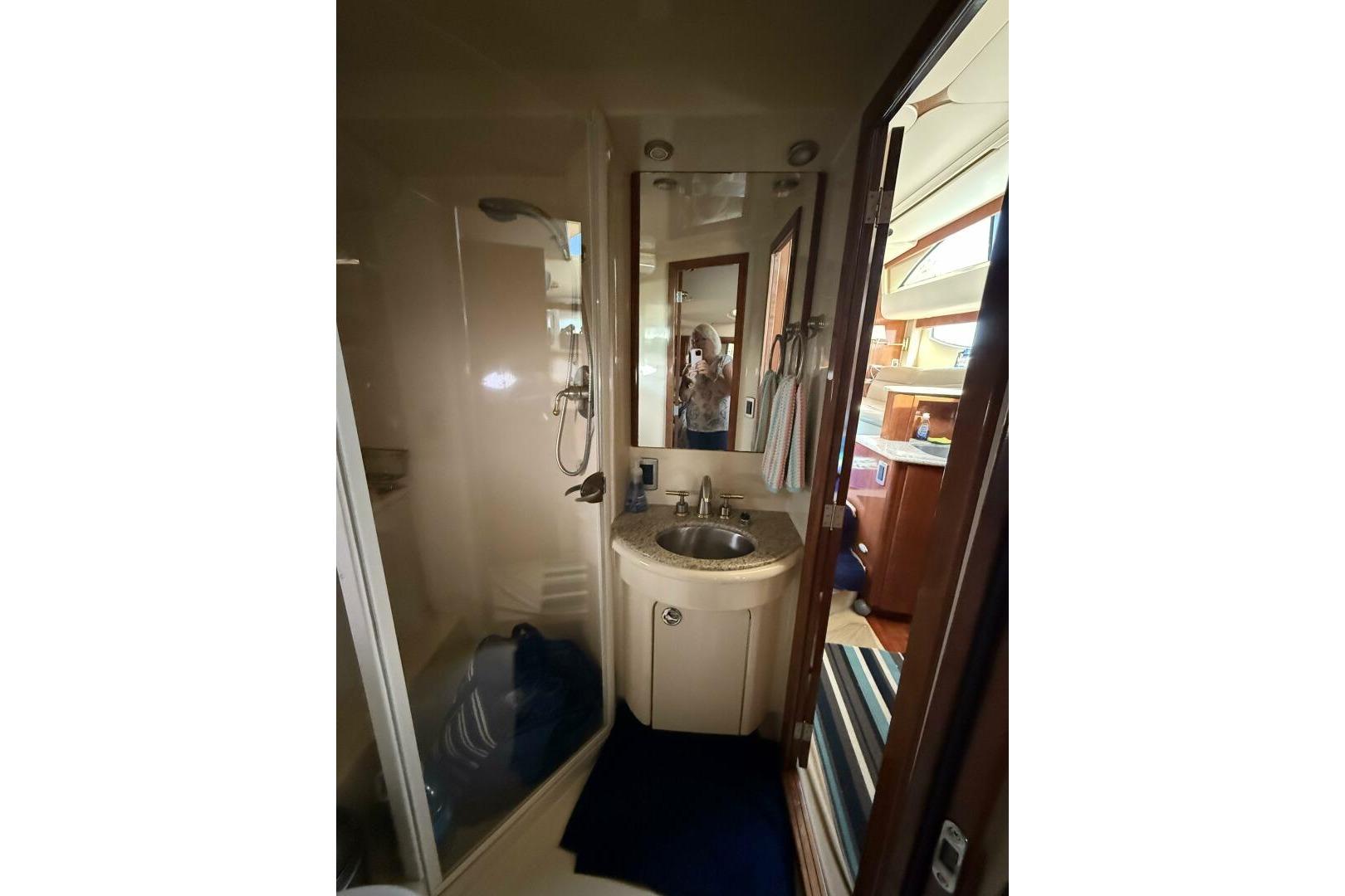 Bathroom interior of 2008 Meridian 459 Motoryacht with sink and shower.