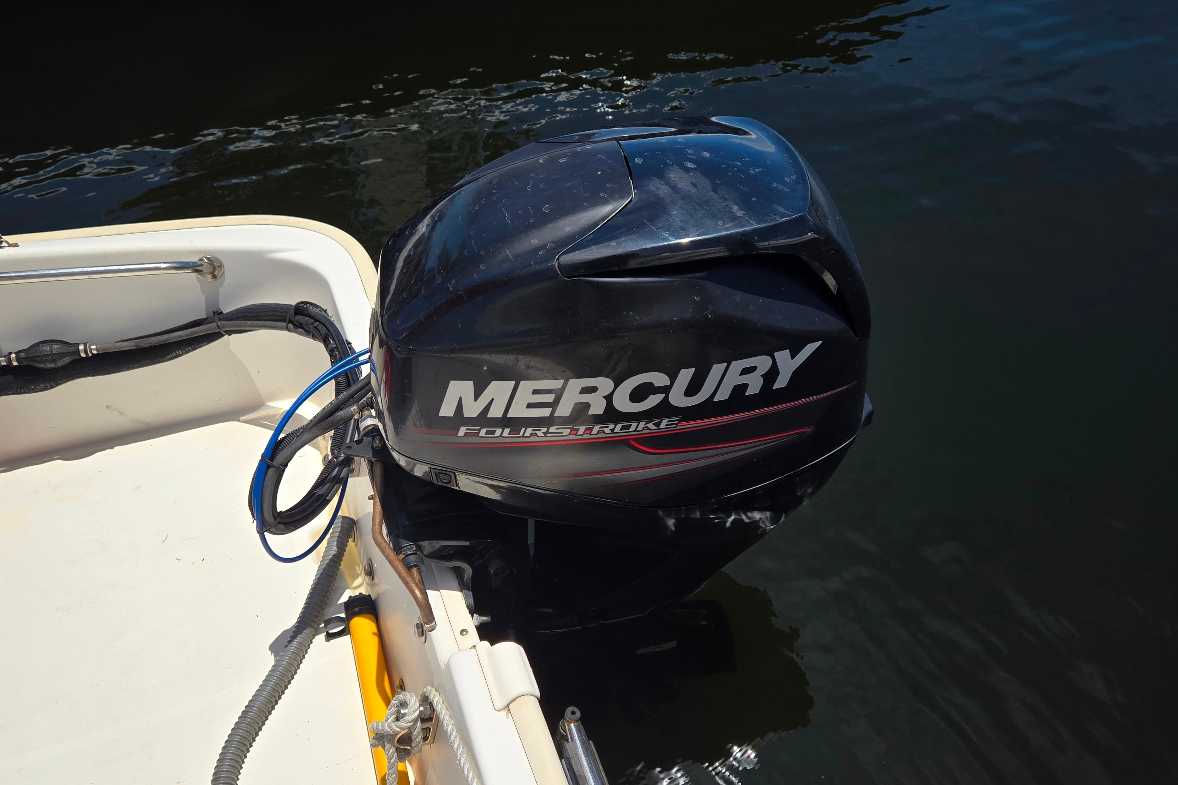 Mercury FourStroke engine on 2014 Boston Whaler 13 SS boat, docked on water.