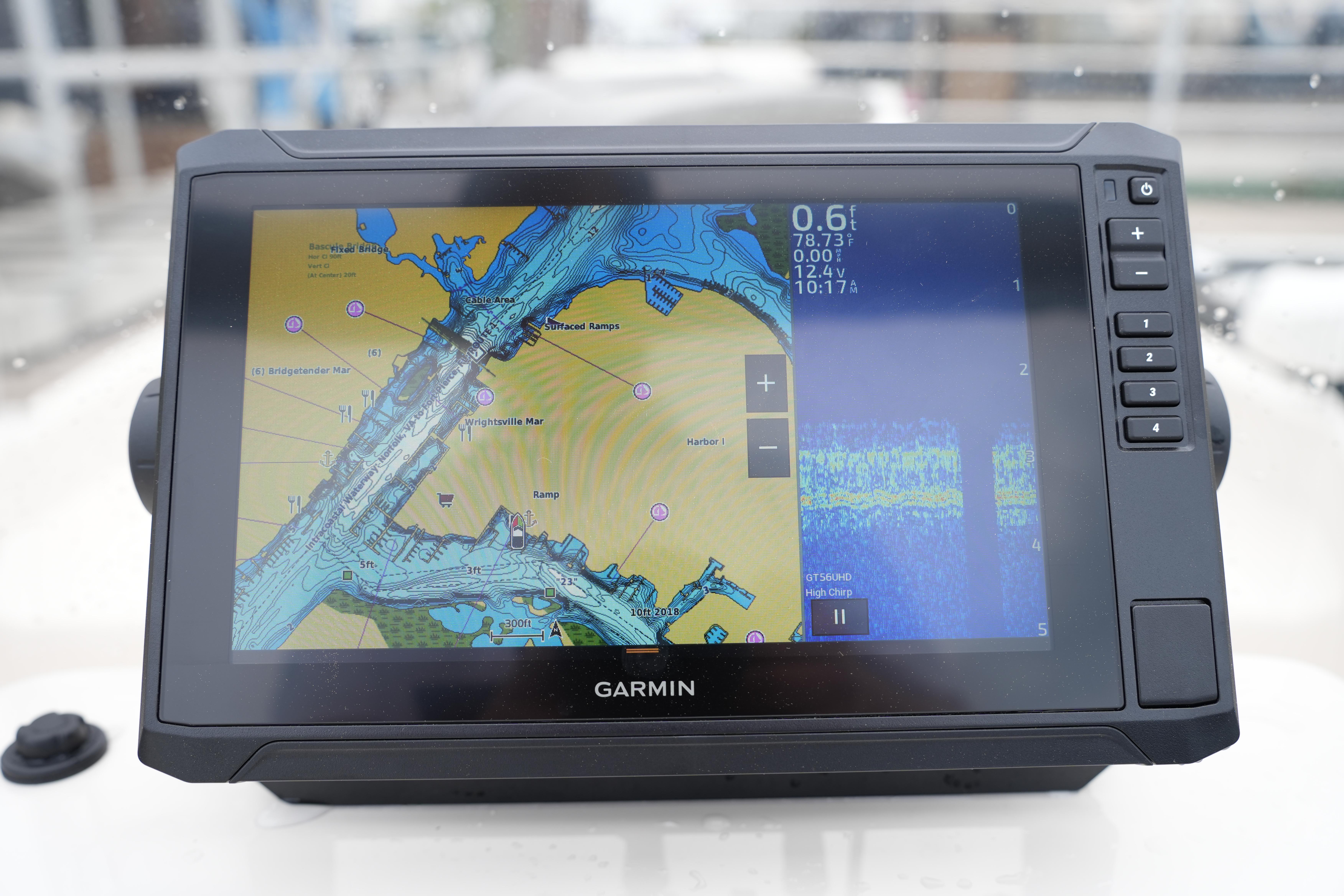 Garmin navigation system on 2025 Carolina Skiff 162 JLS boat displaying nautical map.