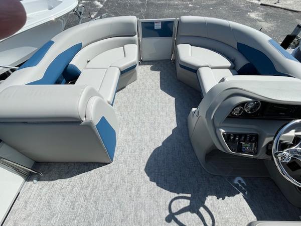 2025 Berkshire 22 RFX LE Tri-toon Pontoon interior with plush seating and modern dashboard.
