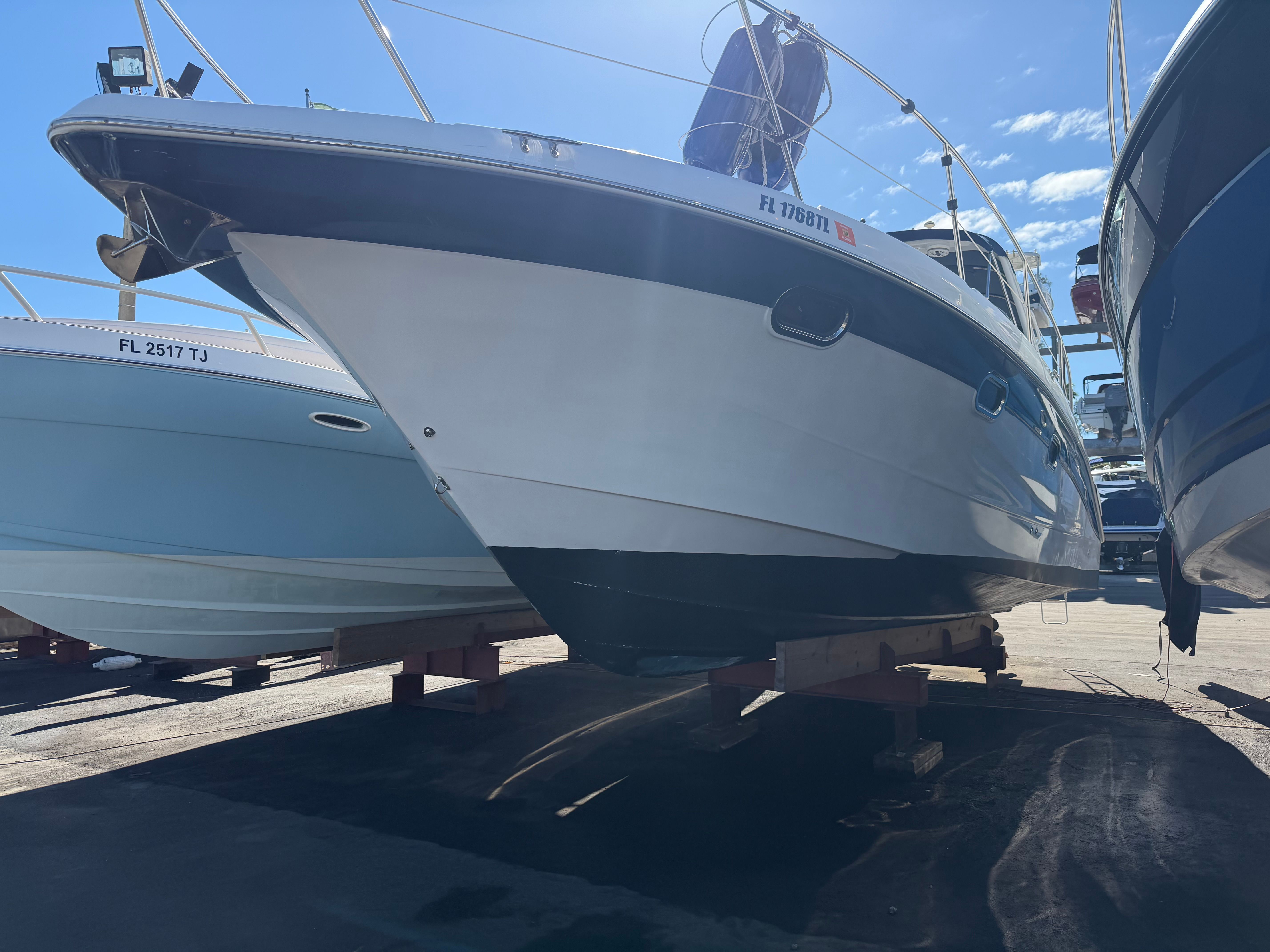 2006 Four Winns 328 Vista boat on a dry dock.