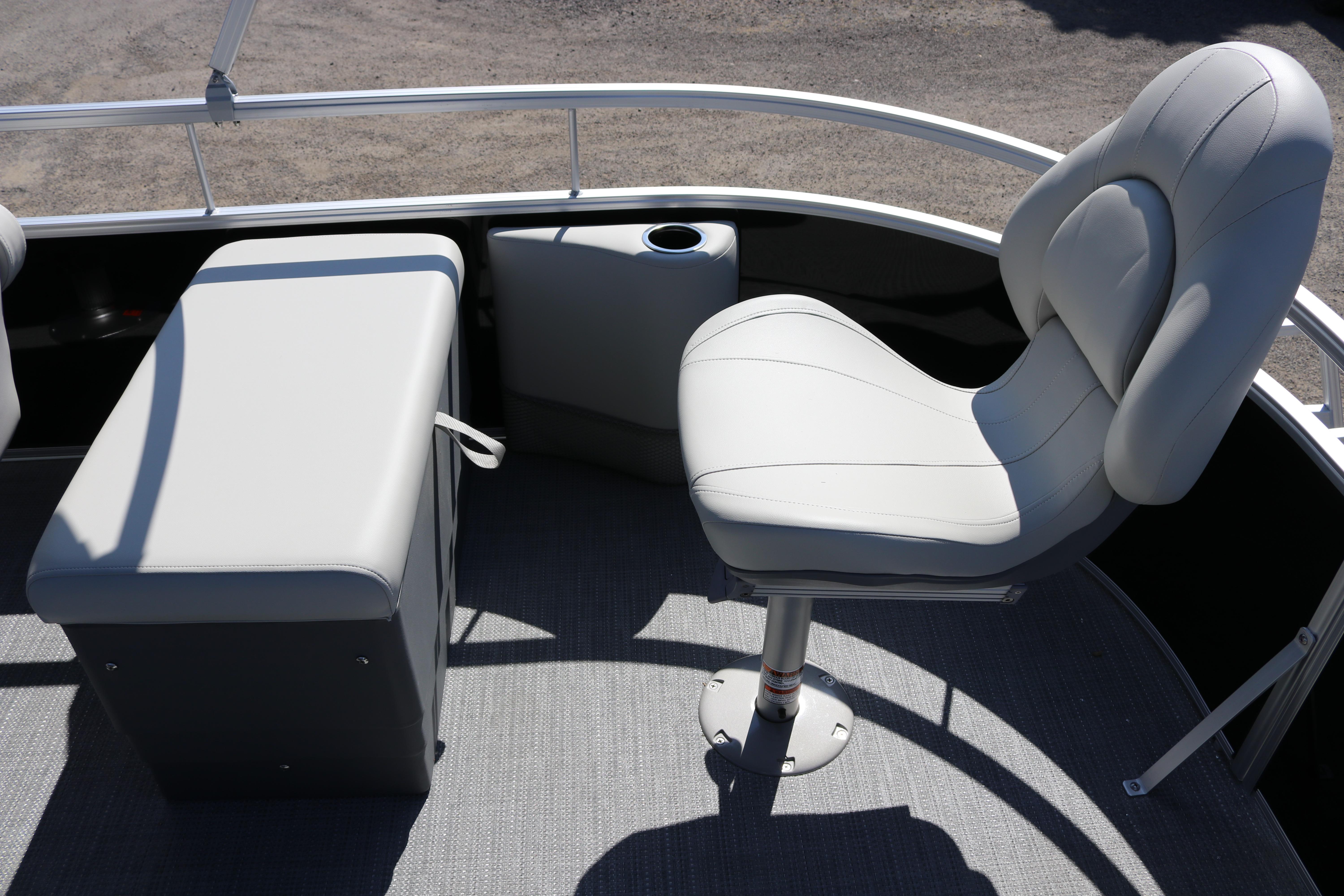 2025 SunChaser Vista 20 Fish boat interior with cushioned seating and cup holder.