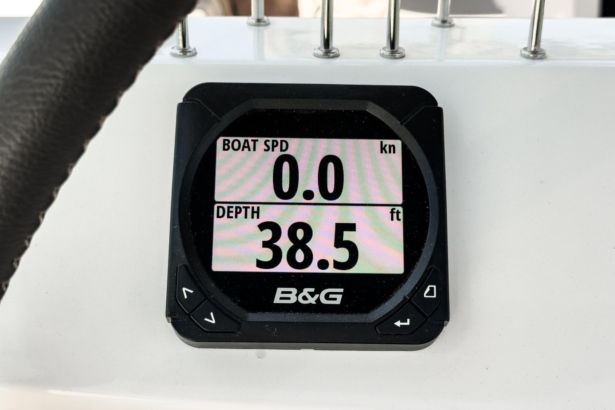 B&G display showing boat speed and depth on 2017 Beneteau Sense 50 yacht.