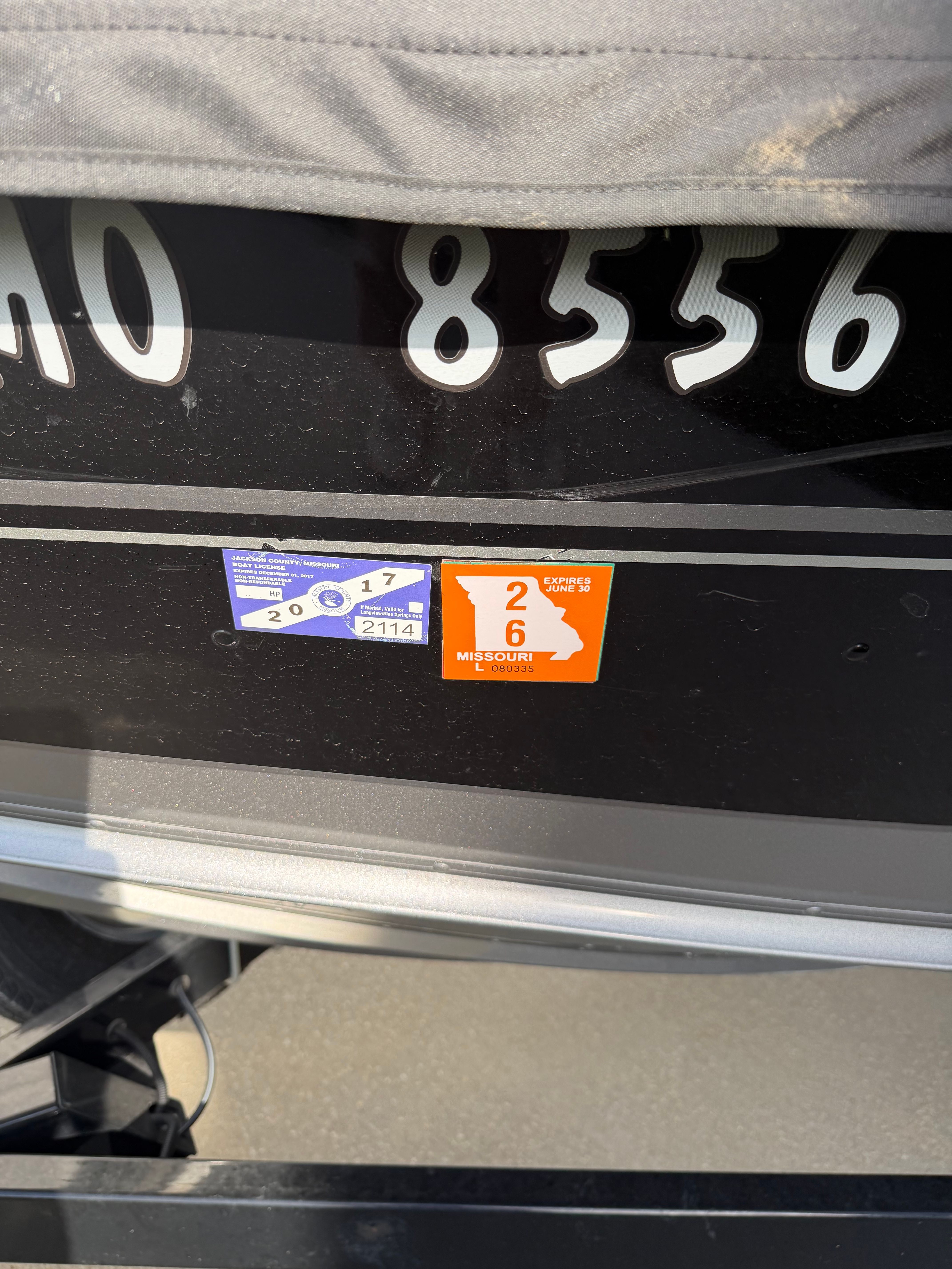 2017 Lund Pro V boat with Missouri registration stickers.
