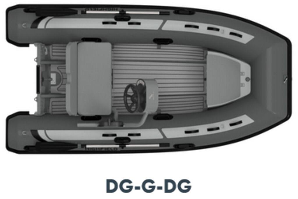 Highfield CL340 2025 inflatable boat, top view, gray interior, steering wheel, labeled DG-G-DG.