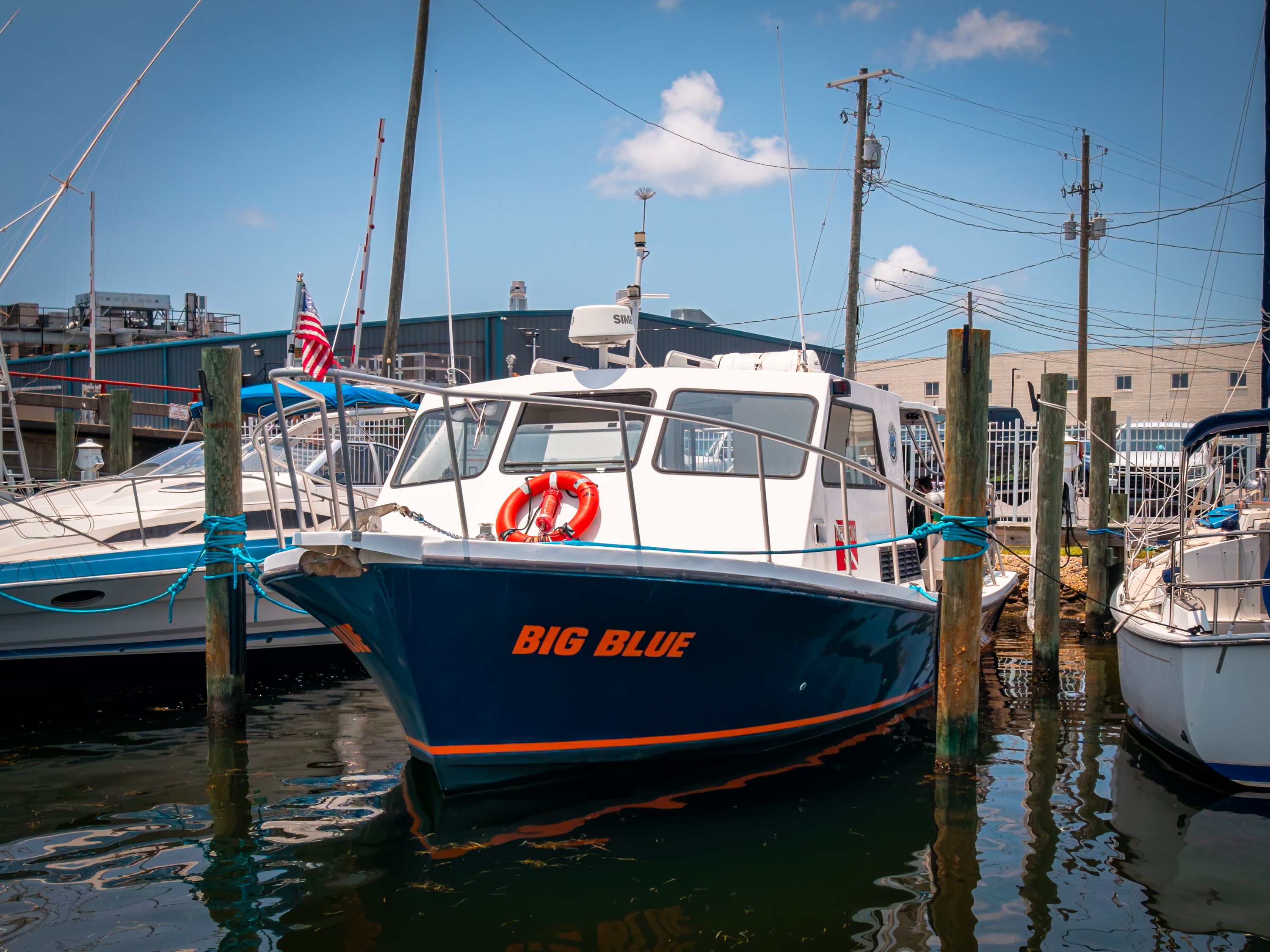 A blue dive boat named "Big Blue" is docked, surrounded by other boats.