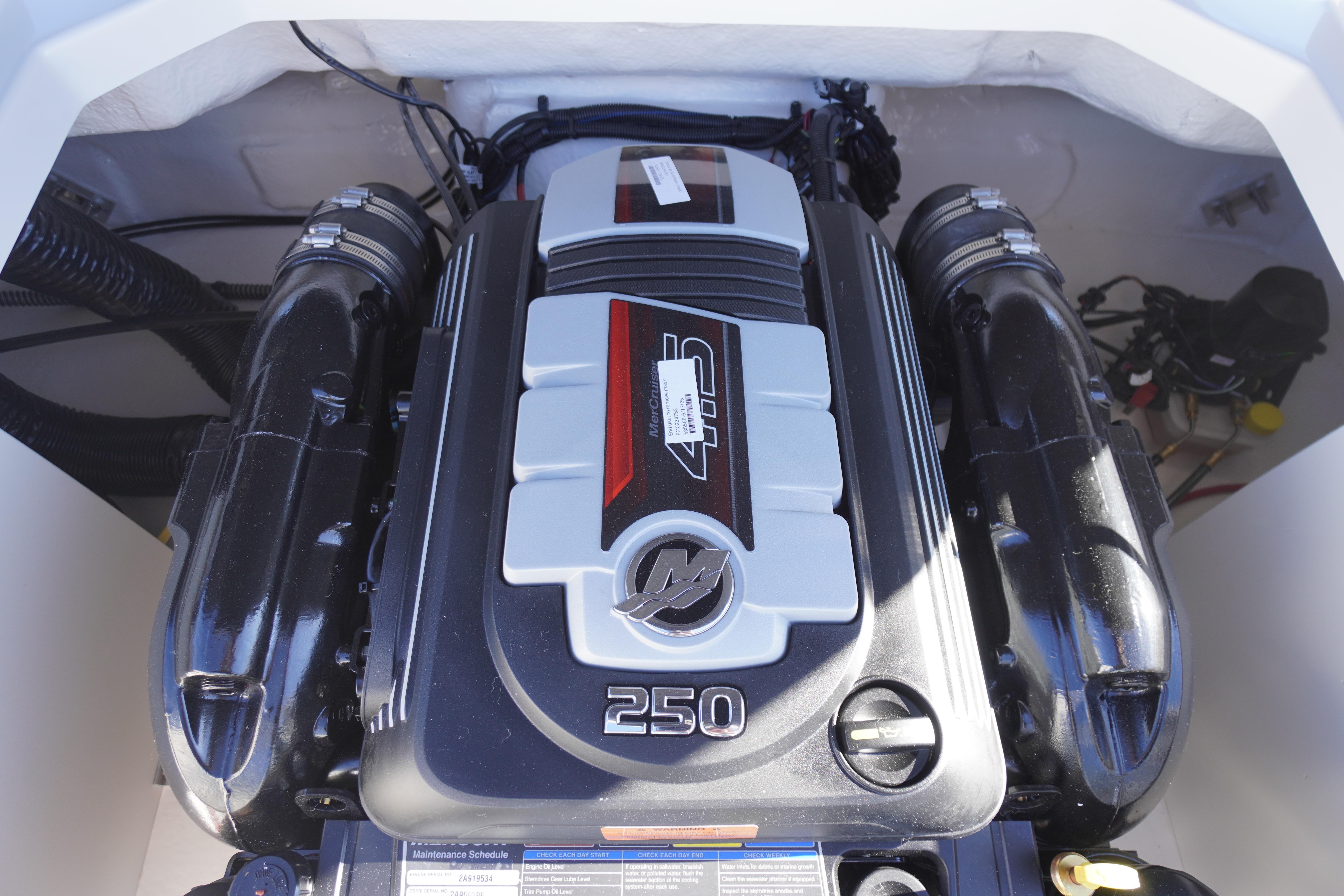 Engine of 2026 Chaparral 23 SSi boat, featuring a 250 horsepower motor.