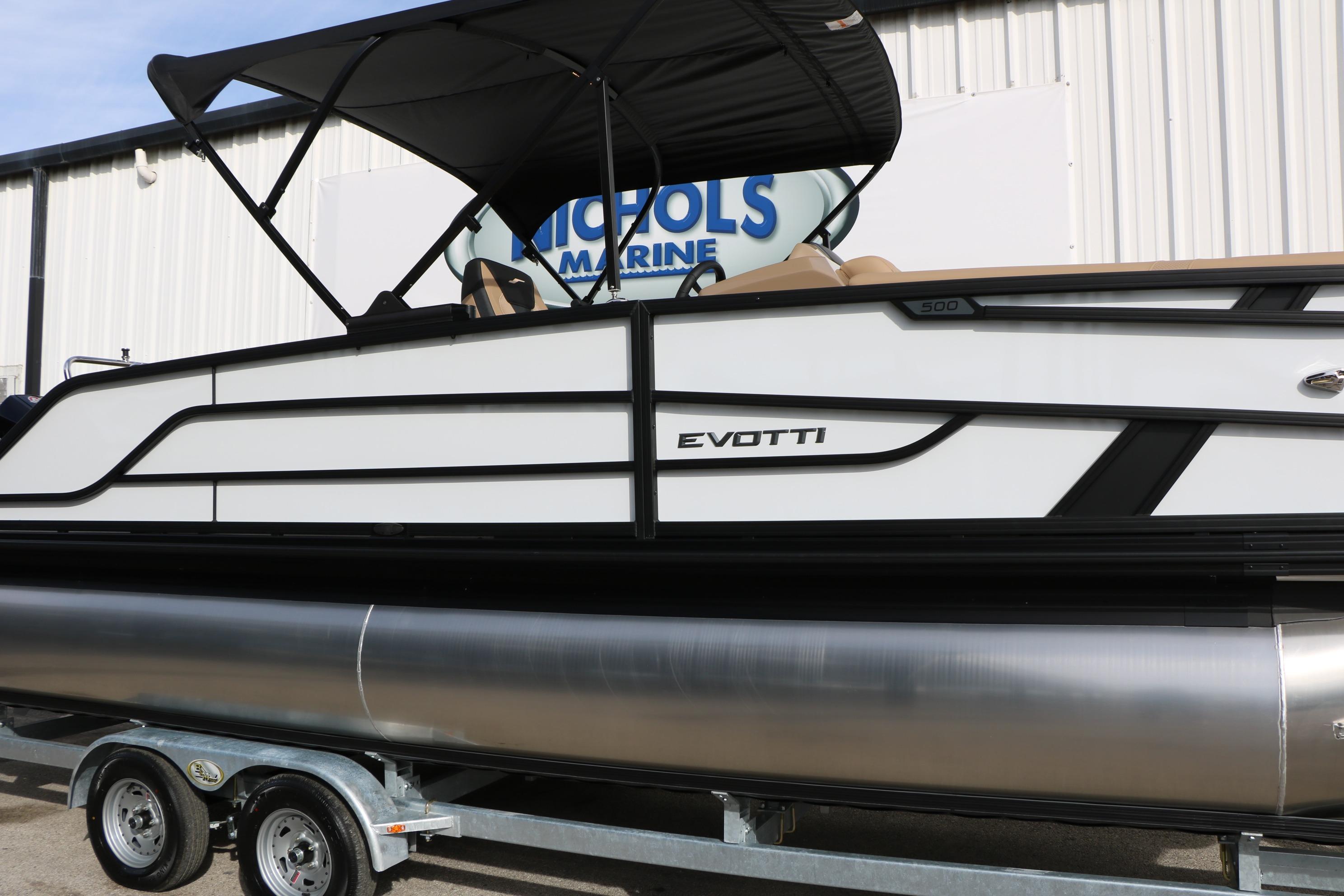 2026 Evotti 523CS pontoon boat on trailer, displayed at Nichols Marine.