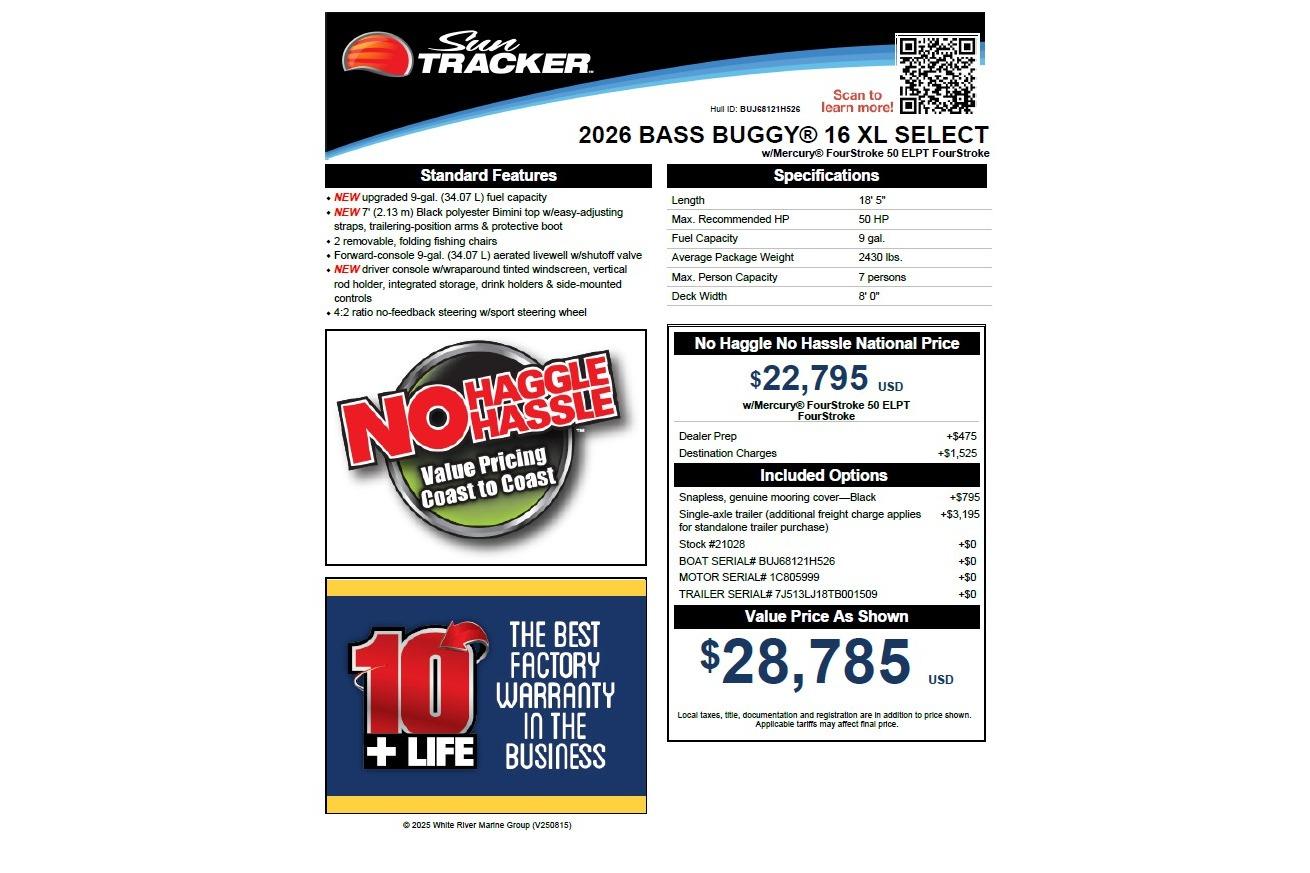 2026 Sun Tracker Bass Buggy 16 XL Select features, pricing, and specifications overview.