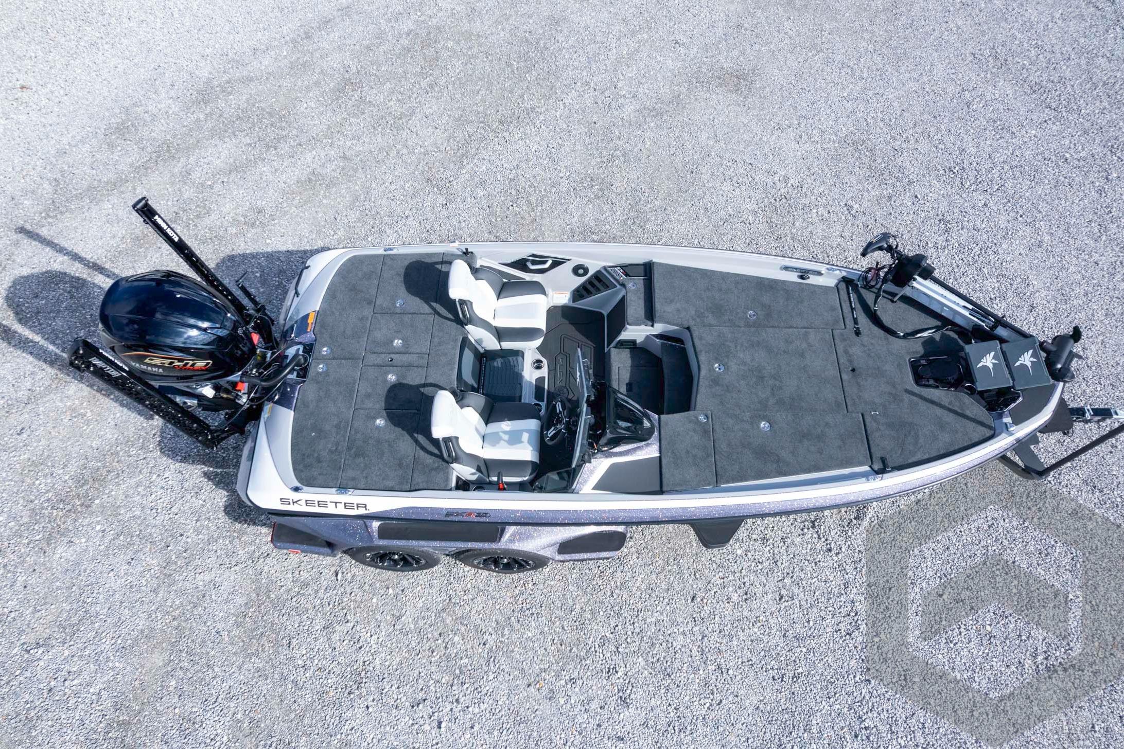2026 Skeeter FXR20 FLEX fishing boat, aerial view, showcasing spacious deck and seating.