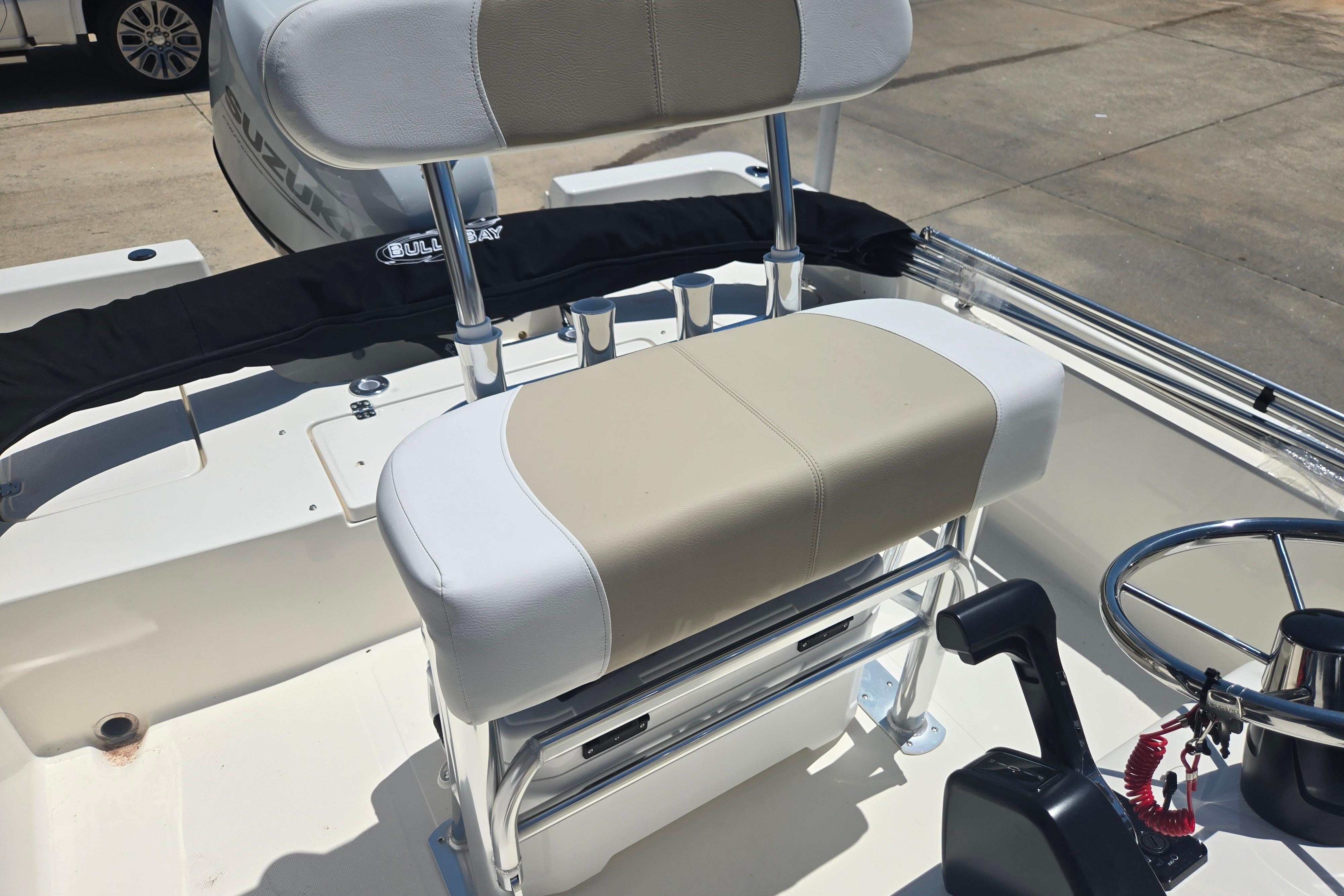 2026 Bulls Bay 2000 boat interior with steering wheel and seating.